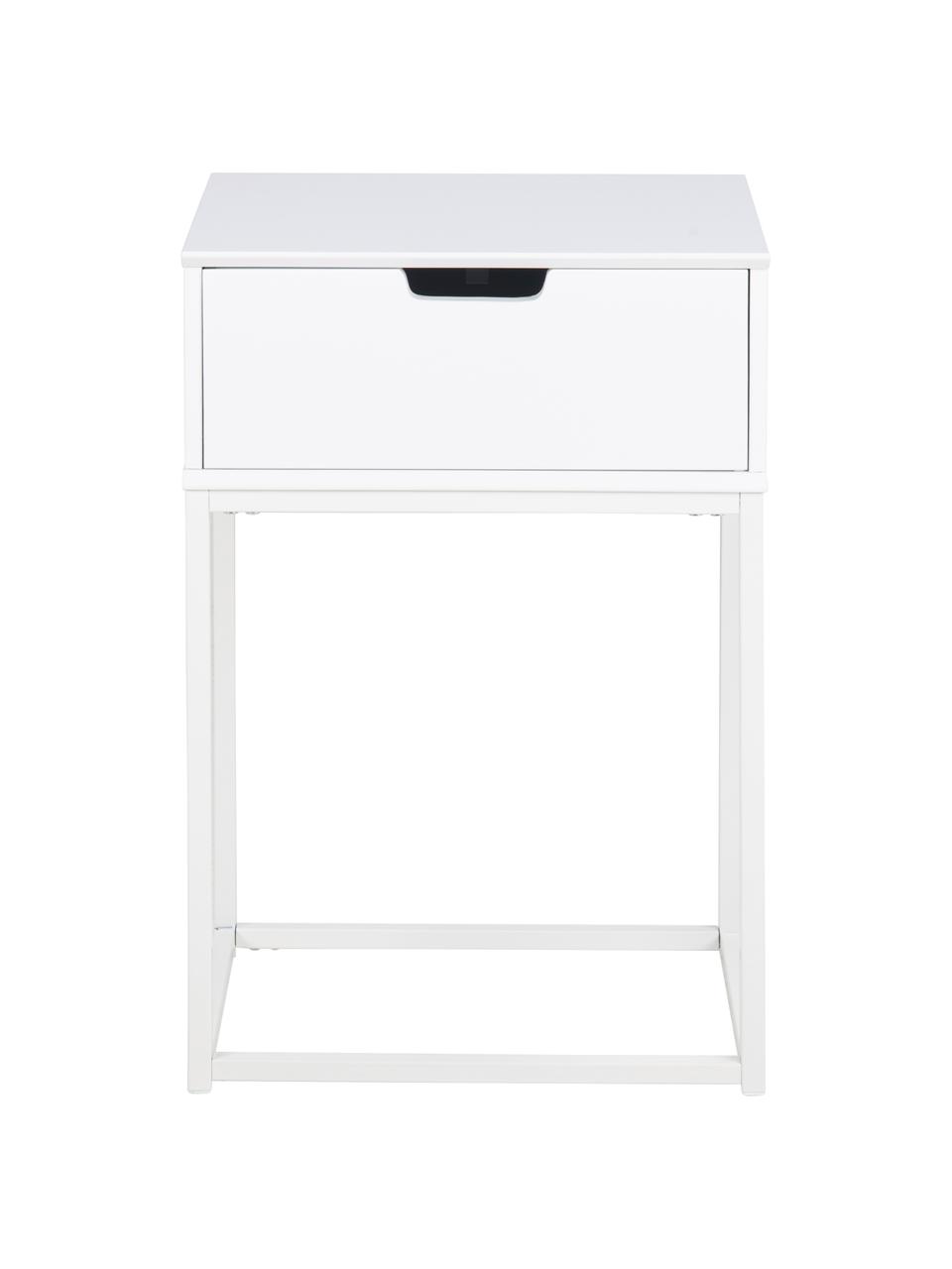 Noční stolek se zásuvkou Mitra, Lakovaná MDF deska (dřevovláknitá deska střední hustoty), kov s práškovým nástřikem, Bílá, Š 40 cm, V 62 cm