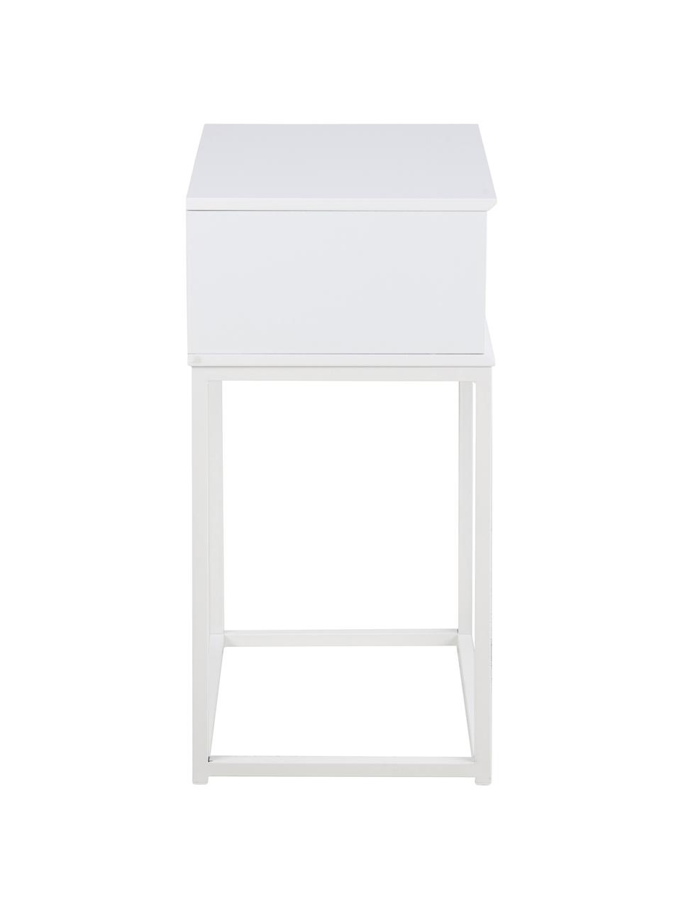 Nachttisch Mitra mit Schublade, Mitteldichte Holzfaserplatte (MDF), lackiert, Metall, pulverbeschichtet, Weiß, 40 x 62 cm