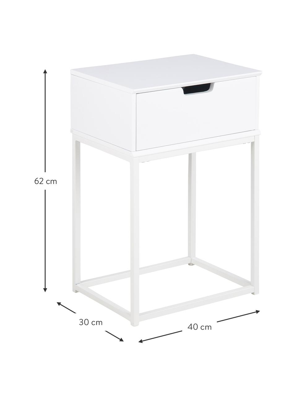 Noční stolek se zásuvkou Mitra, Lakovaná MDF deska (dřevovláknitá deska střední hustoty), kov s práškovým nástřikem, Bílá, Š 40 cm, V 62 cm