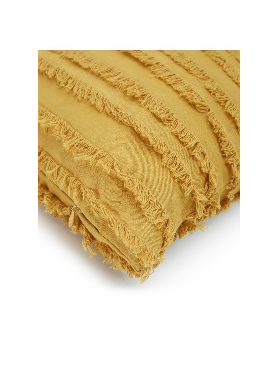 Copricuscino con frange decorative Jessie, 88% cotone, 7% viscosa, 5% lino, Giallo senape, Larg. 45 x Lung. 45 cm