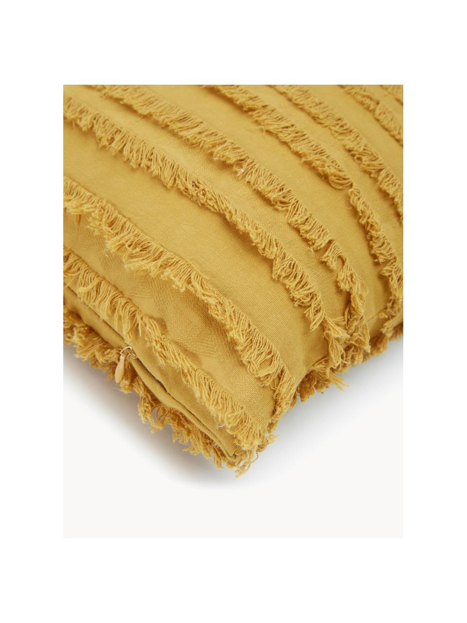 Copricuscino con frange decorative Jessie, 88% cotone, 7% viscosa, 5% lino, Giallo senape, Larg. 45 x Lung. 45 cm