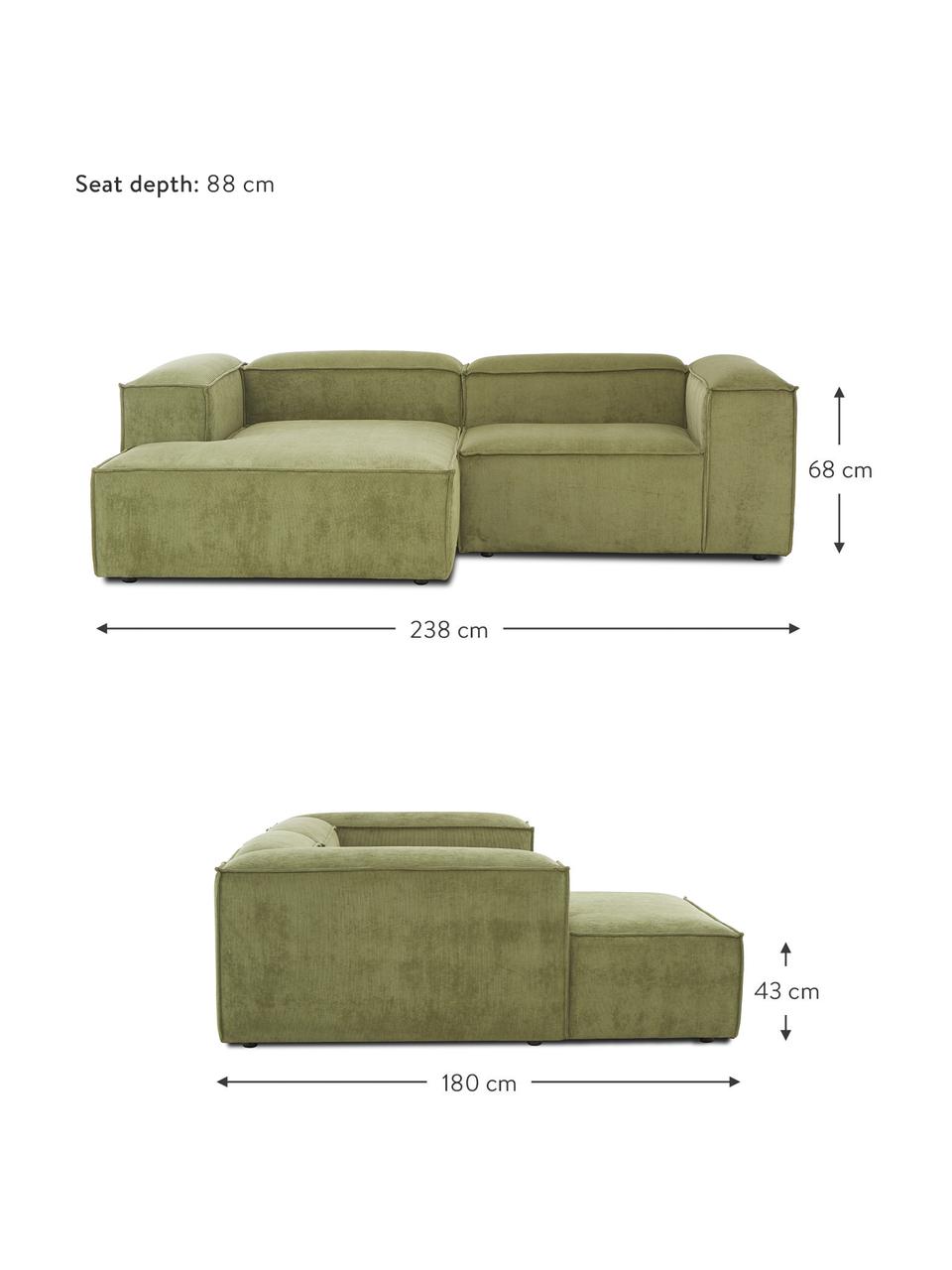 Modulaire hoekbank Lennon van corduroy, Bekleding: corduroy (92% polyester, , Frame: massief grenenhout FSC-ge, Poten: kunststof, Corduroy donkergroen, B 238 x D 180 cm, hoekdeel rechts