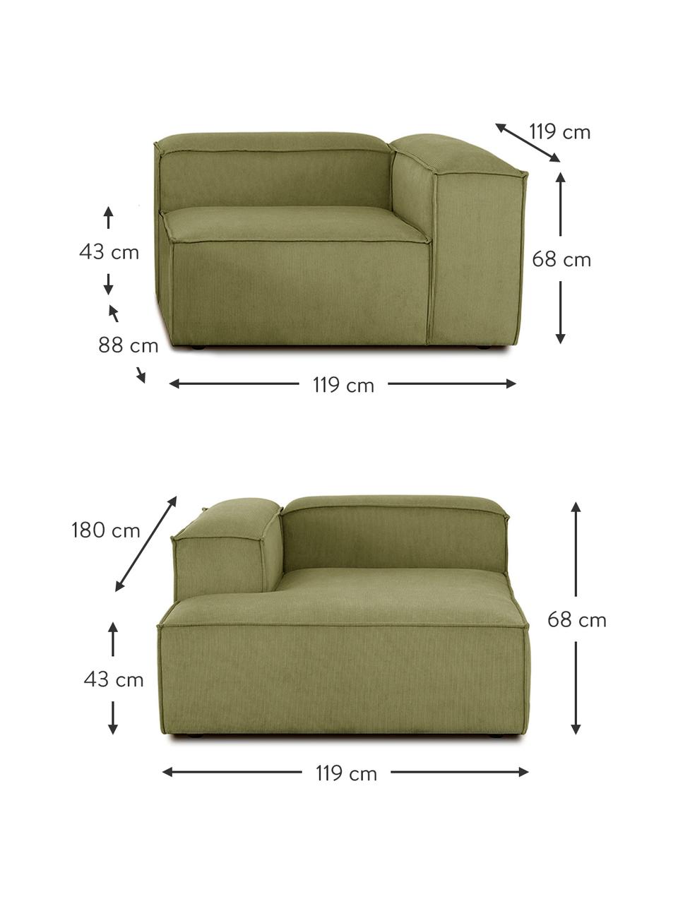 Canapé d'angle modulaire velours côtelé vert Lennon, Velours côtelé vert, larg. 238 x prof. 180 cm, méridienne à gauche