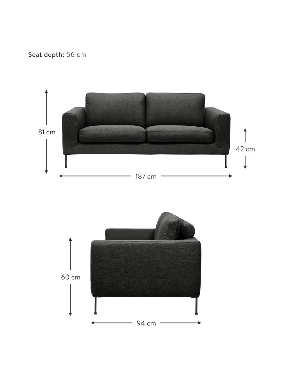 Sofa Cucita (2-Sitzer) in Anthrazit mit Metall-Füßen, Bezug: Webstoff (100% Polyester), Gestell: Massives Kiefernholz, FSC, Füße: Metall, lackiert, Webstoff Anthrazit, B 187 x T 94 cm