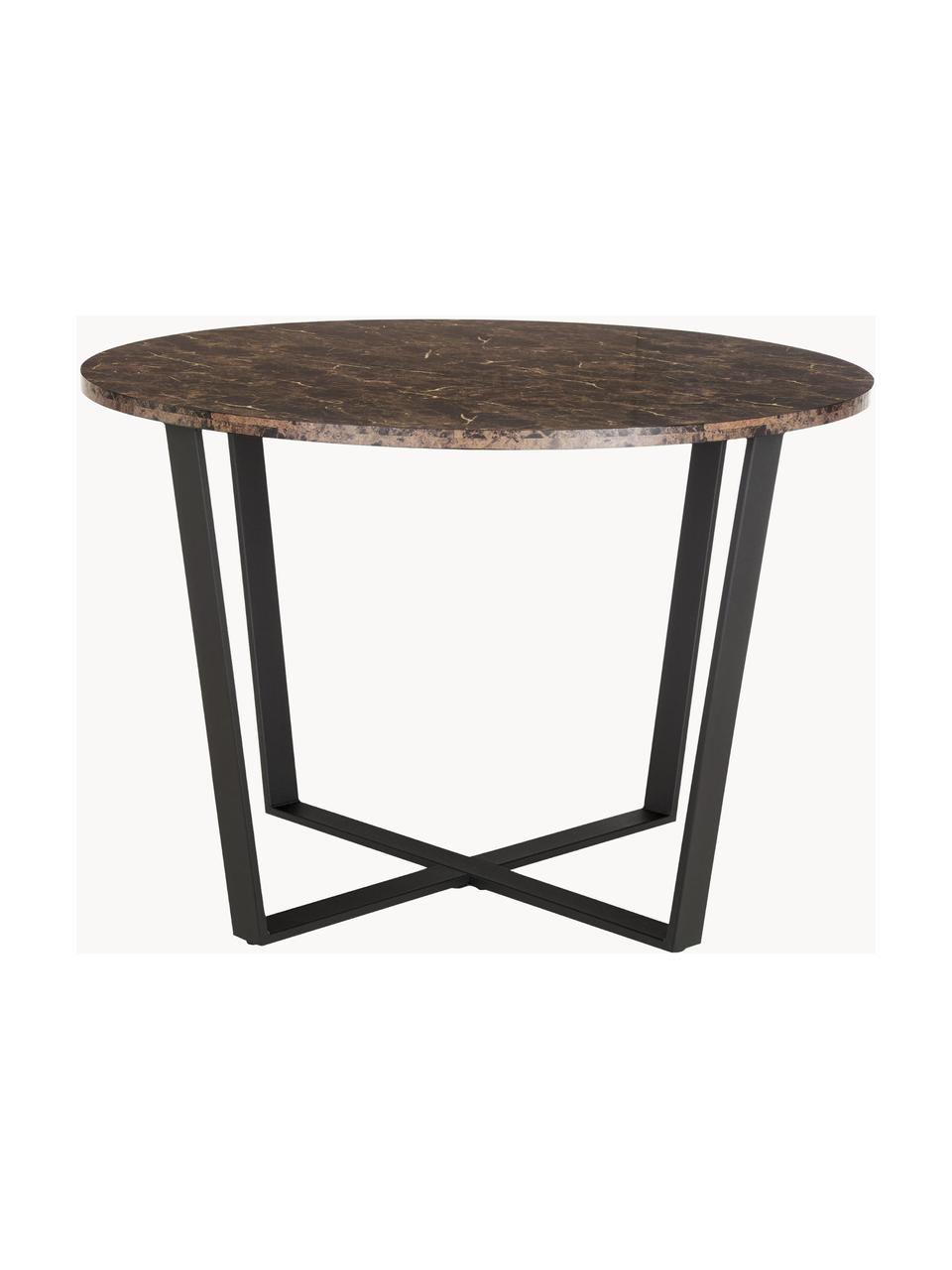 Mesa de comedor redonda Amble con tablero en look mármol, Ø 110 cm, Tablero: tablero de fibras de dens, Patas: metal con pintura en polv, Aspecto mármol marrón, negro, Ø 110 cm