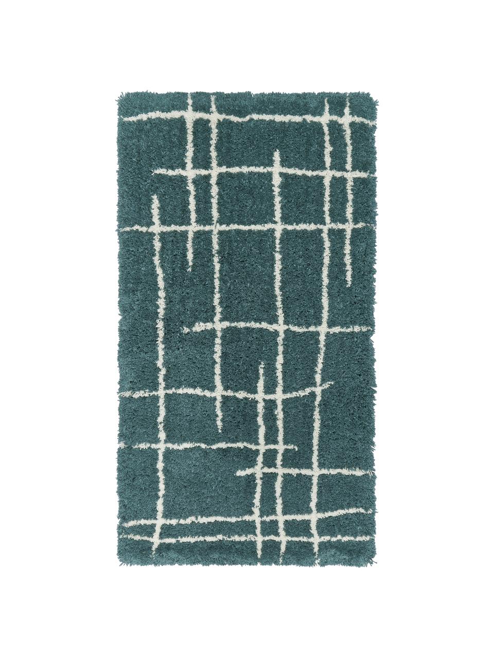 Zacht hoogpolig vloerkleed Amelie in petrol, handgetuft, Bovenzijde: 100% polyester, Onderzijde: gerecycled polyester, Petrolkleurig, crèmewit, B 80 cm x L 150 cm (maat XS)