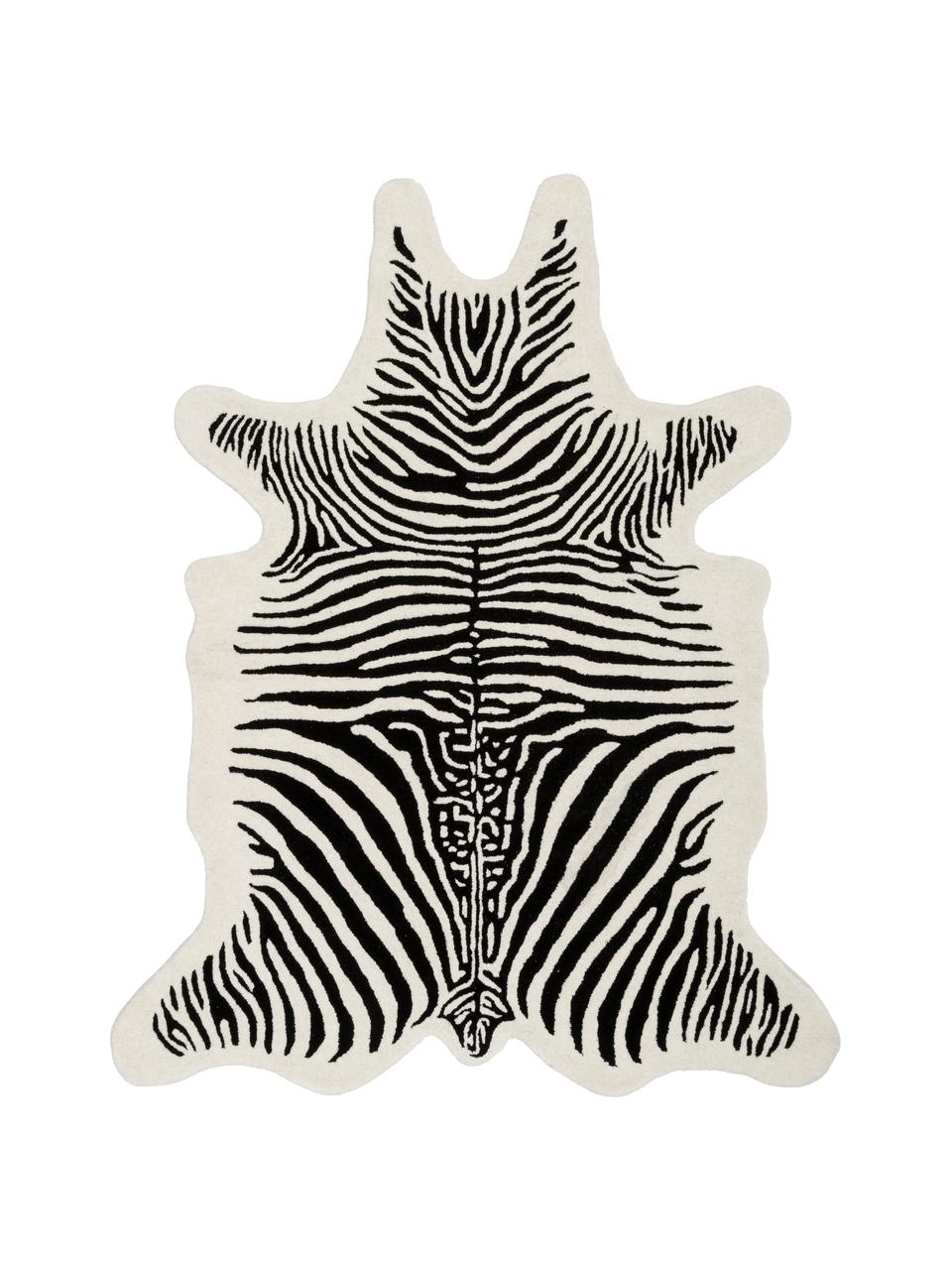 Handgetuft wollen vloerkleed Savanna Zebra, Bovenzijde: 100% wol, Onderzijde: 100% katoen Bij wollen vl, Zwart & crèmekleurig, gestreept, B 160 x L 200 cm (maat M)