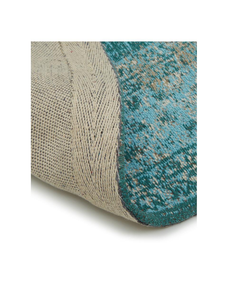 Rond vintage chenille vloerkleed Palermo in turquoise, Bovenzijde: 95% katoen, 5% polyester, Onderzijde: 100% katoen, Blauwtinten, Ø 150 cm (maat M)