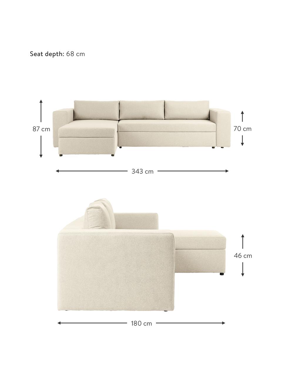 Sofa rozkładana z miejscem do przechowywania Noah, Tapicerka: poliester Dzięki tkaninie, Nogi: tworzywo sztuczne, Beżowa tkanina, S 343 x G 180 cm, lewostronna