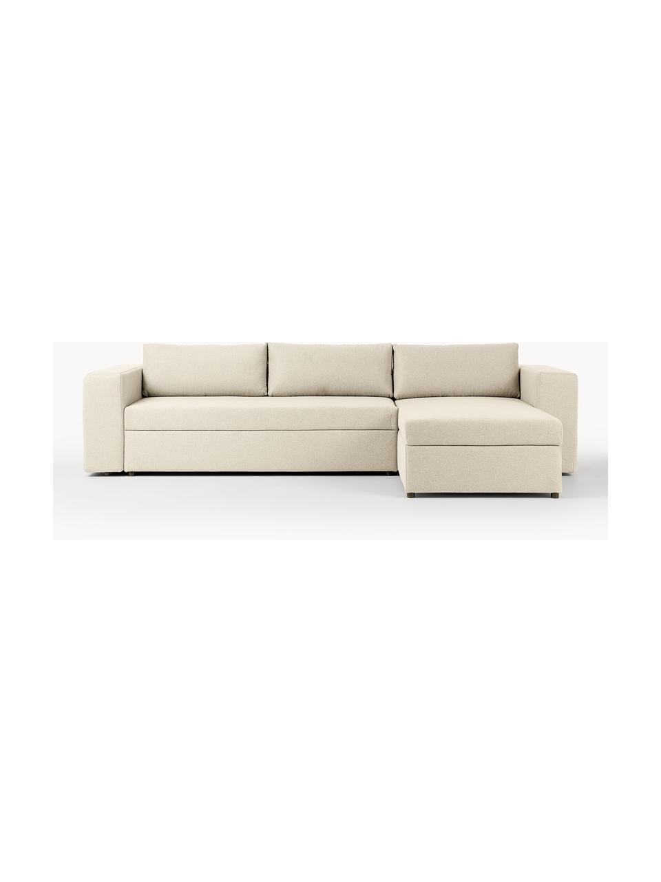 Großes Schlafsofa Noah (4-Sitzer) mit Stauraum, Bezug: Polyester Der strapazierf, Gestell: Massives Buchennholz, FSC, Füße: Kunststoff, Webstoff Hellbeige, B 343 x T 180 cm, Eckteil links