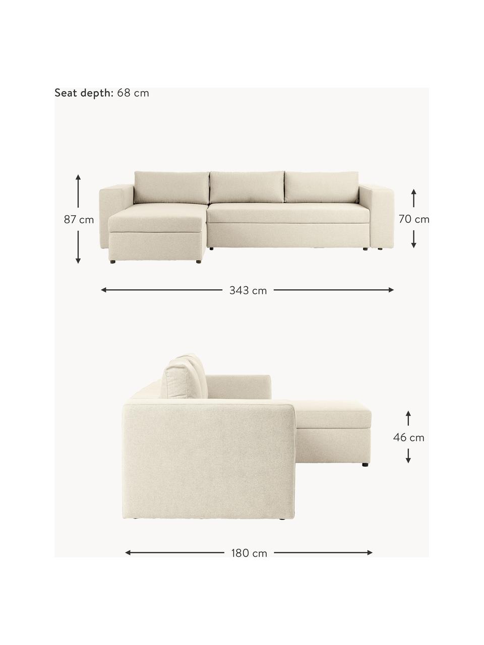 Sofá rinconera cama grande Noah (4 plazas), con espacio de almacenamiento, Tapizado: poliéster Alta resistenci, Estructura: madera de haya maciza con, Patas: plástico, Tejido beige, An 343 x F 180 cm, chaise longue izquierda