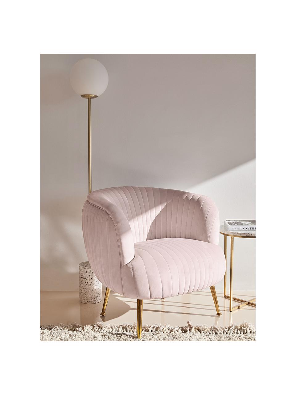 Fluwelen fauteuil Cara in roze, Bekleding: fluweel (polyester), Frame: massief berkenhout, spaan, Poten: gecoat metaal, Fluweel lichtroze, 81 x 78 cm