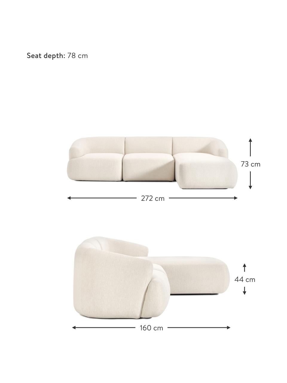 Sofá rinconera modular Sofia, Tapizado: 100% polipropileno Alta r, Estructura: madera de pino macizo, ag, Patas: plástico, Tejido blanco crema, An 272 x F 160 cm, chaise longue derecha