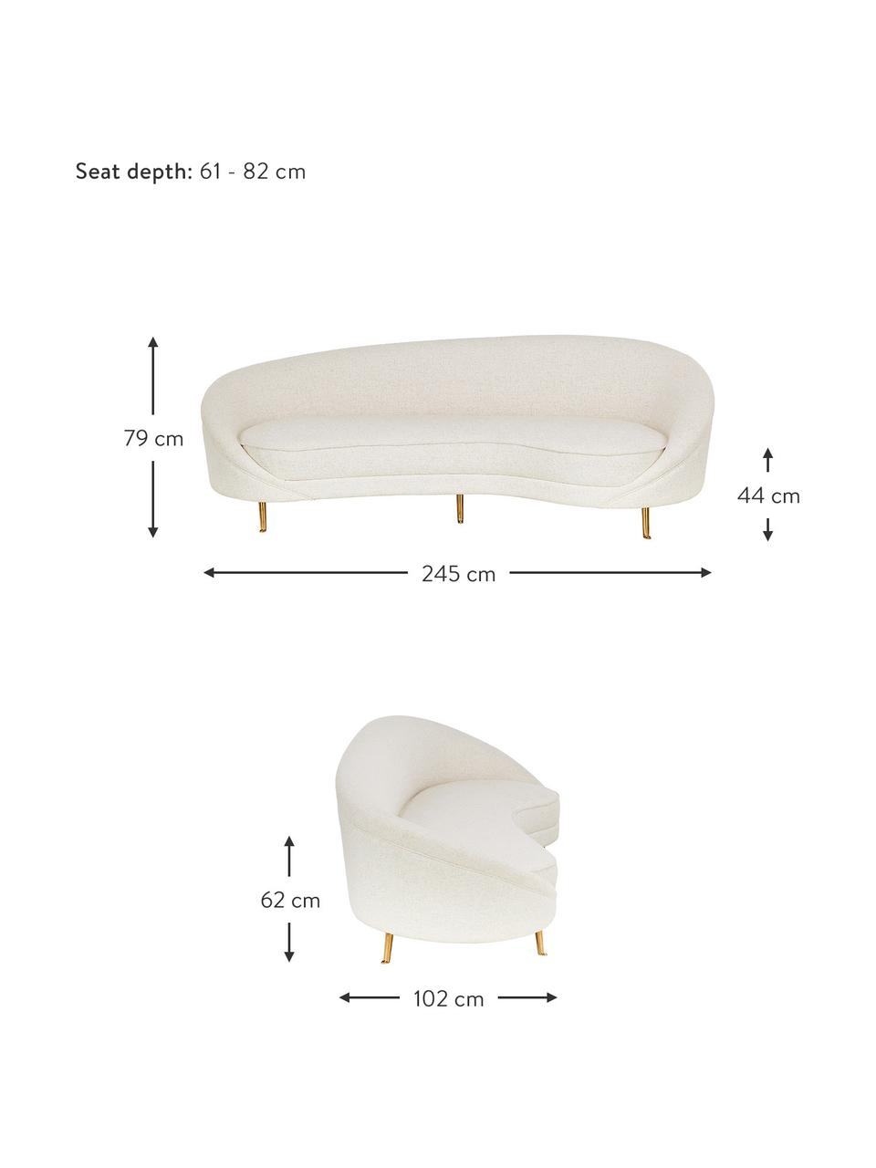 Bouclé-Nierensofa Gatsby (3-Sitzer), Bezug: Bouclé (70% Polyester, 20, Gestell: Massives Eukalyptusholz, Füße: Metall, galvanisiert, Bouclé Cremeweiß, B 245 x T 102 cm