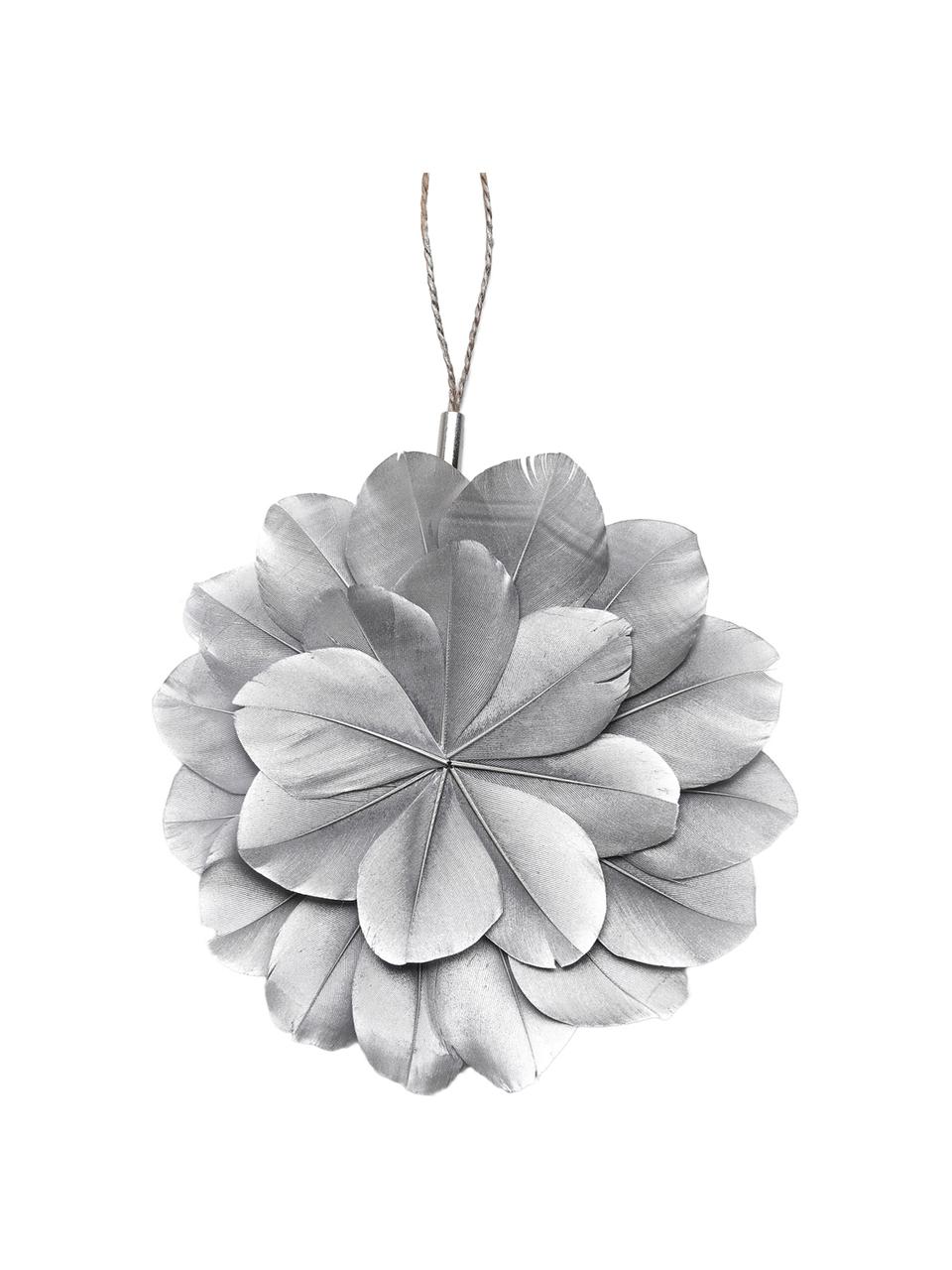 Adornos navideños Juju, 2 uds., Flor: plumas teñidas, Ojal: metal, Plateado, marrón, Ø 12 x Fondo 1 cm