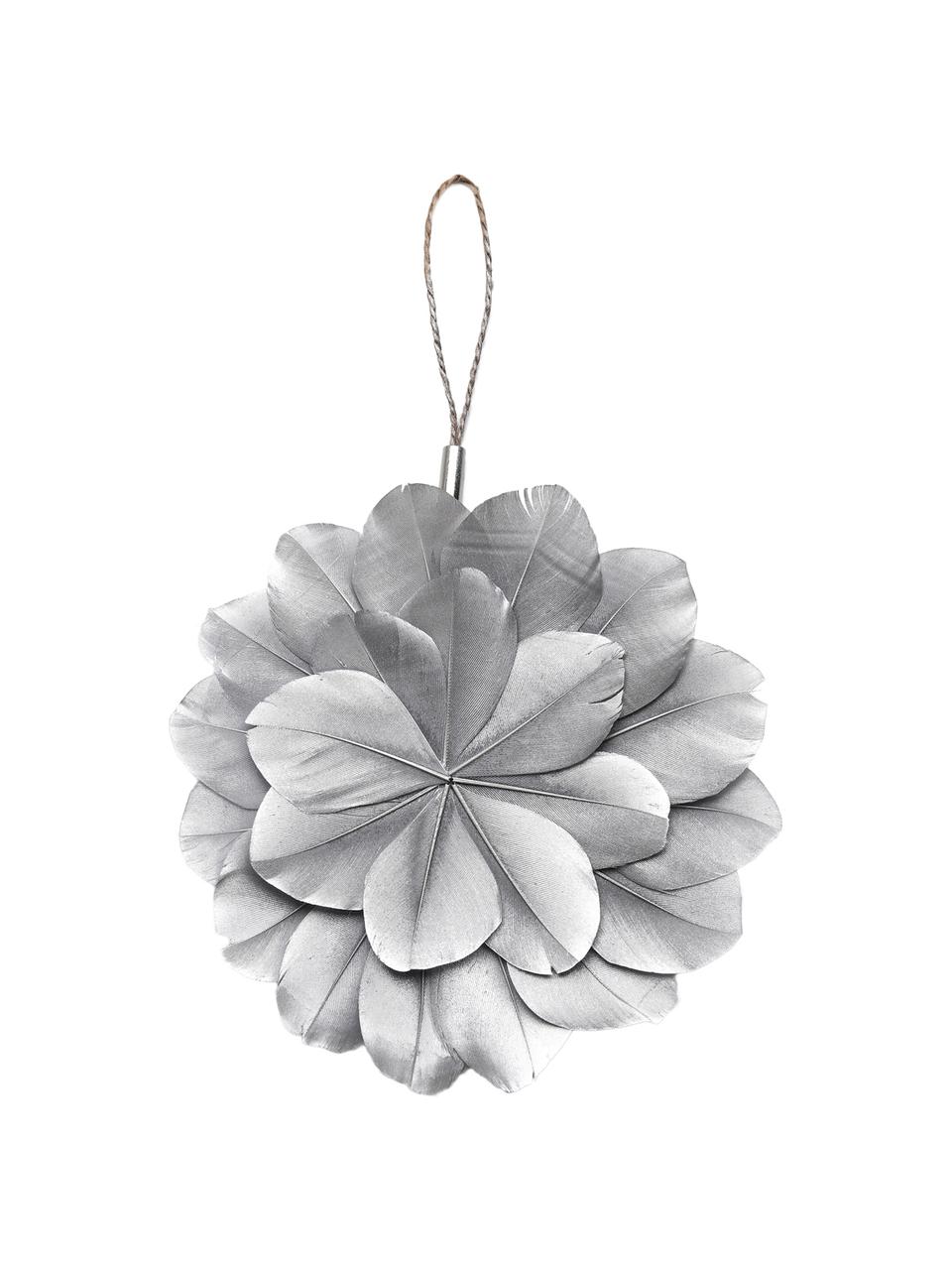 Adornos navideños Juju, 2 uds., Flor: plumas teñidas, Ojal: metal, Plateado, marrón, Ø 12 x Fondo 1 cm