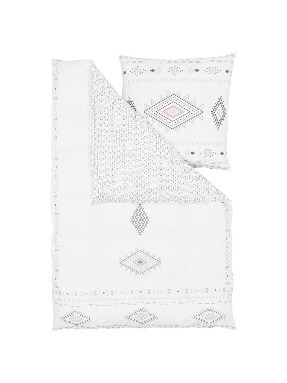 Dwustronna pościel z bawełny w stylu boho Lawana, Biały, wielobarwny, 135 x 200 cm + 1 poduszka 80 x 80 cm