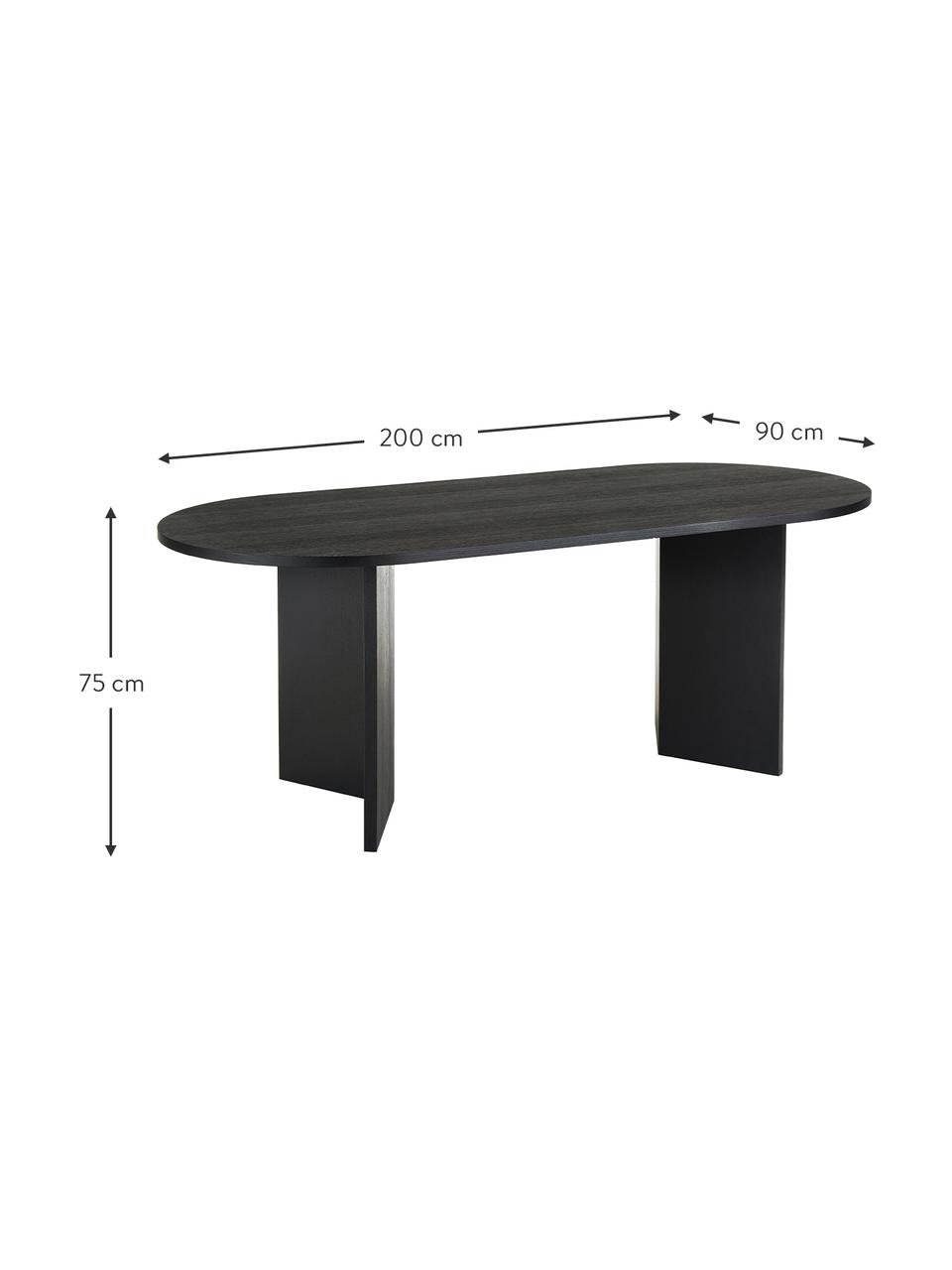 Oválný jídelní stůl Toni, 200 x 90 cm, Lakovaná MDF deska (dřevovláknitá deska střední hustoty) s dubovou dýhou, Černá, Š 200 cm, H 90 cm