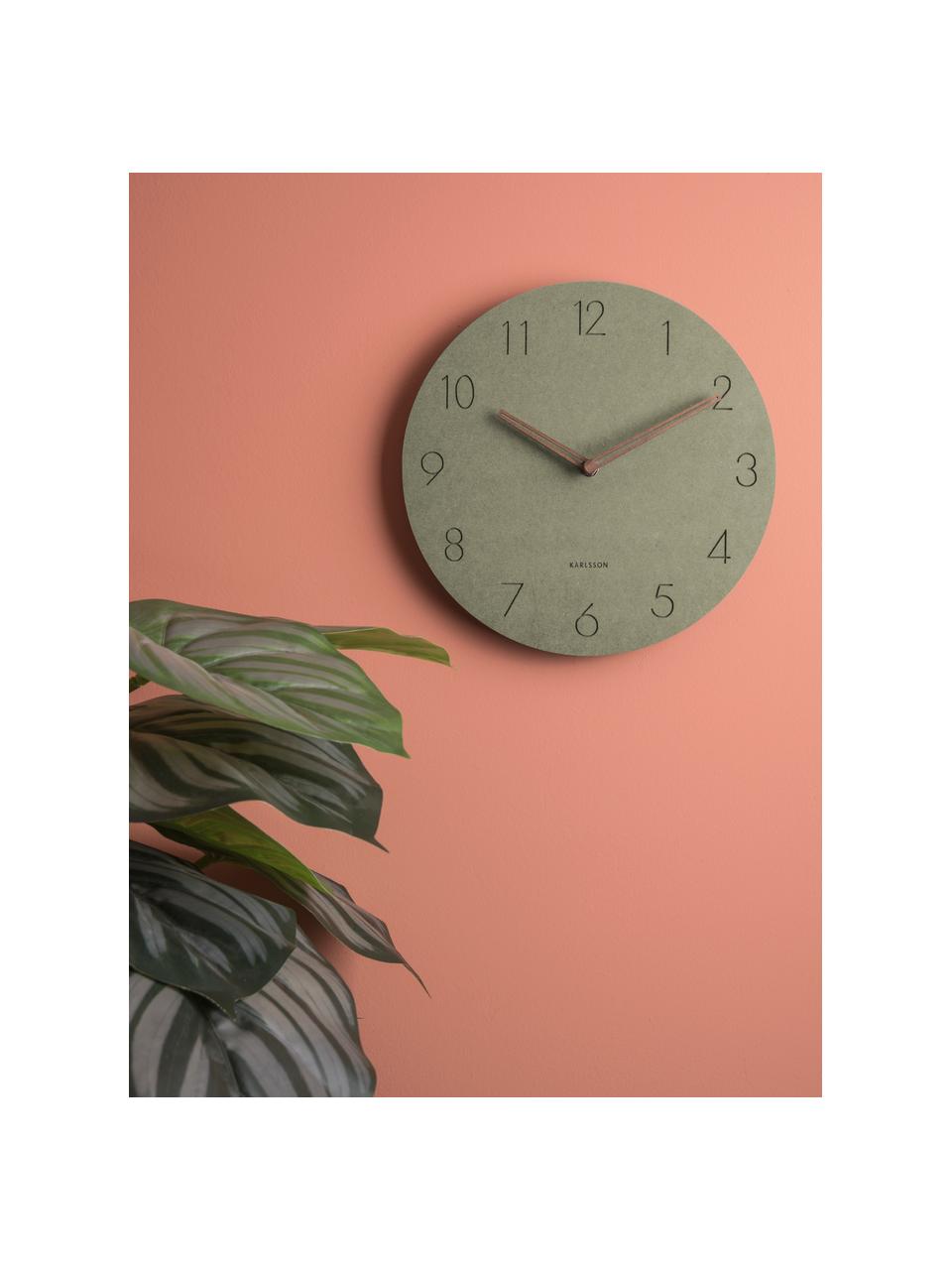 Horloge murale en bois Dura, Panneau en fibres de bois à densité moyenne (MDF), Vert, couleur laitonnée, Ø 29 x prof. 3 cm