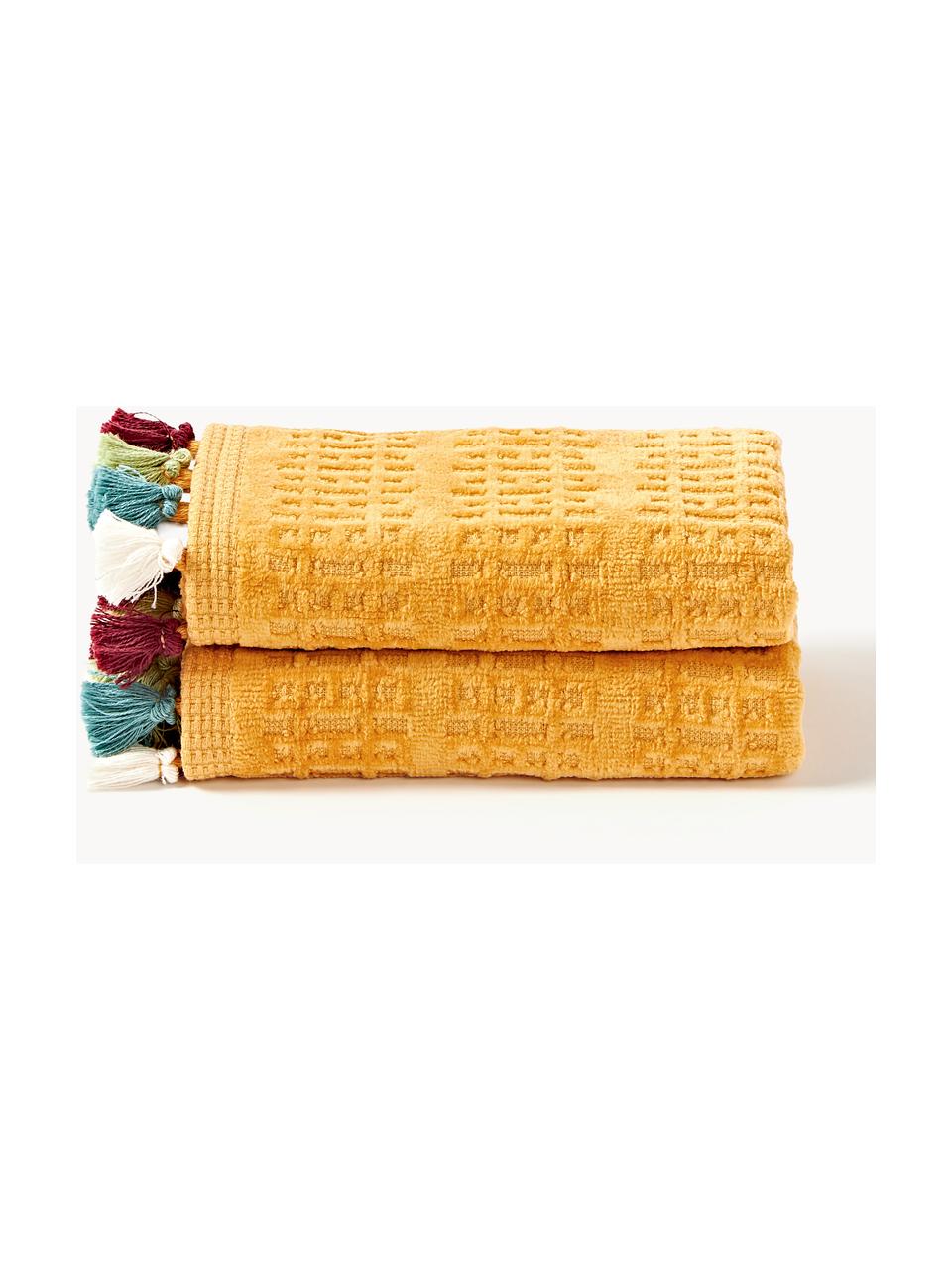 Serviette de toilette en velours avec franges Tallulah, tailles variées, Jaune moutarde, multicolore, Serviettes de toilette, larg. 50 x long. 100 cm, 2 pièces