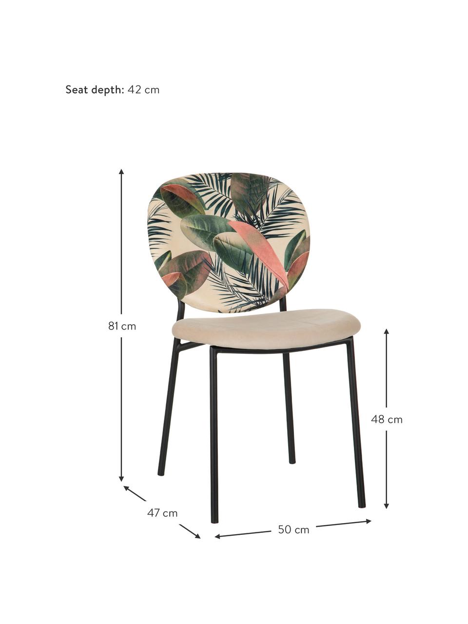 Sedia imbottita Hojas, Rivestimento: 100% poliestere, Struttura: legno, Gambe: metallo, Color crema, multicolore, Larg. 50 x Prof. 47 cm