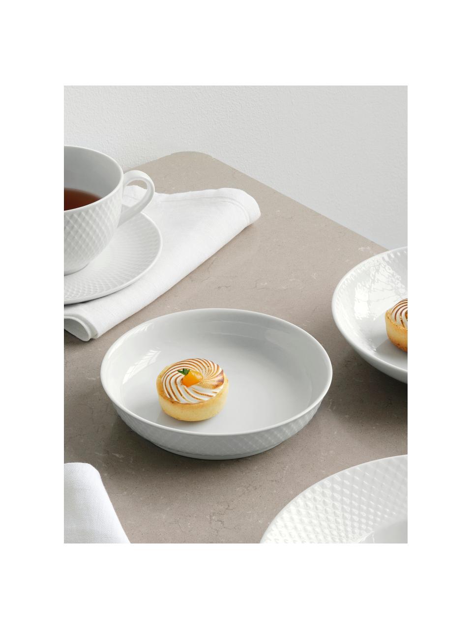 Set di 4 piattini da dessert in porcellana con motivo a rilievo Rhombe, Porcellana, Bianco, Ø 16 x Alt. 4 cm