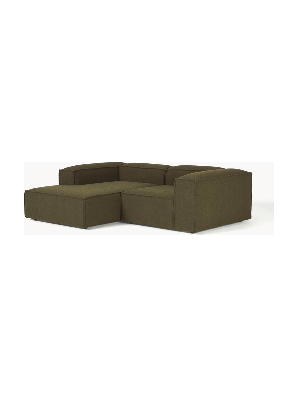 Modulares Ecksofa Lennon aus Bouclé, Bezug: Bouclé (100 % Polyester) , Gestell: Massives Kiefernholz, Spe, Füße: Kunststoff Dieses Produkt, Bouclé Olivgrün, B 238 x T 180 cm, Eckteil links