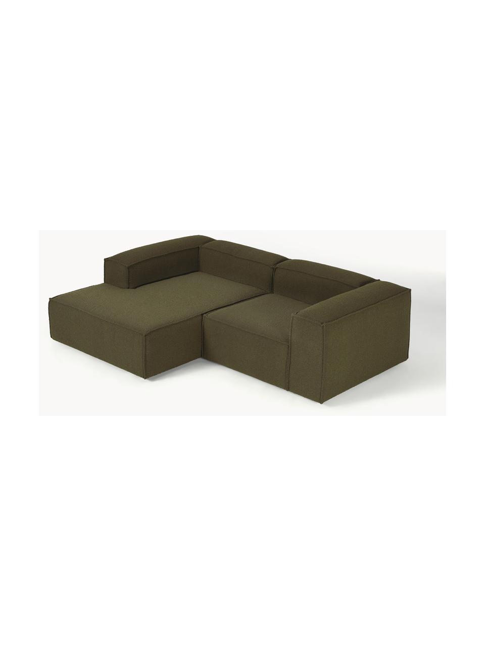 Modulares Ecksofa Lennon aus Bouclé, Bezug: Bouclé (100 % Polyester) , Gestell: Massives Kiefernholz, Spe, Bouclé Olivgrün, B 238 x T 180 cm, Eckteil links