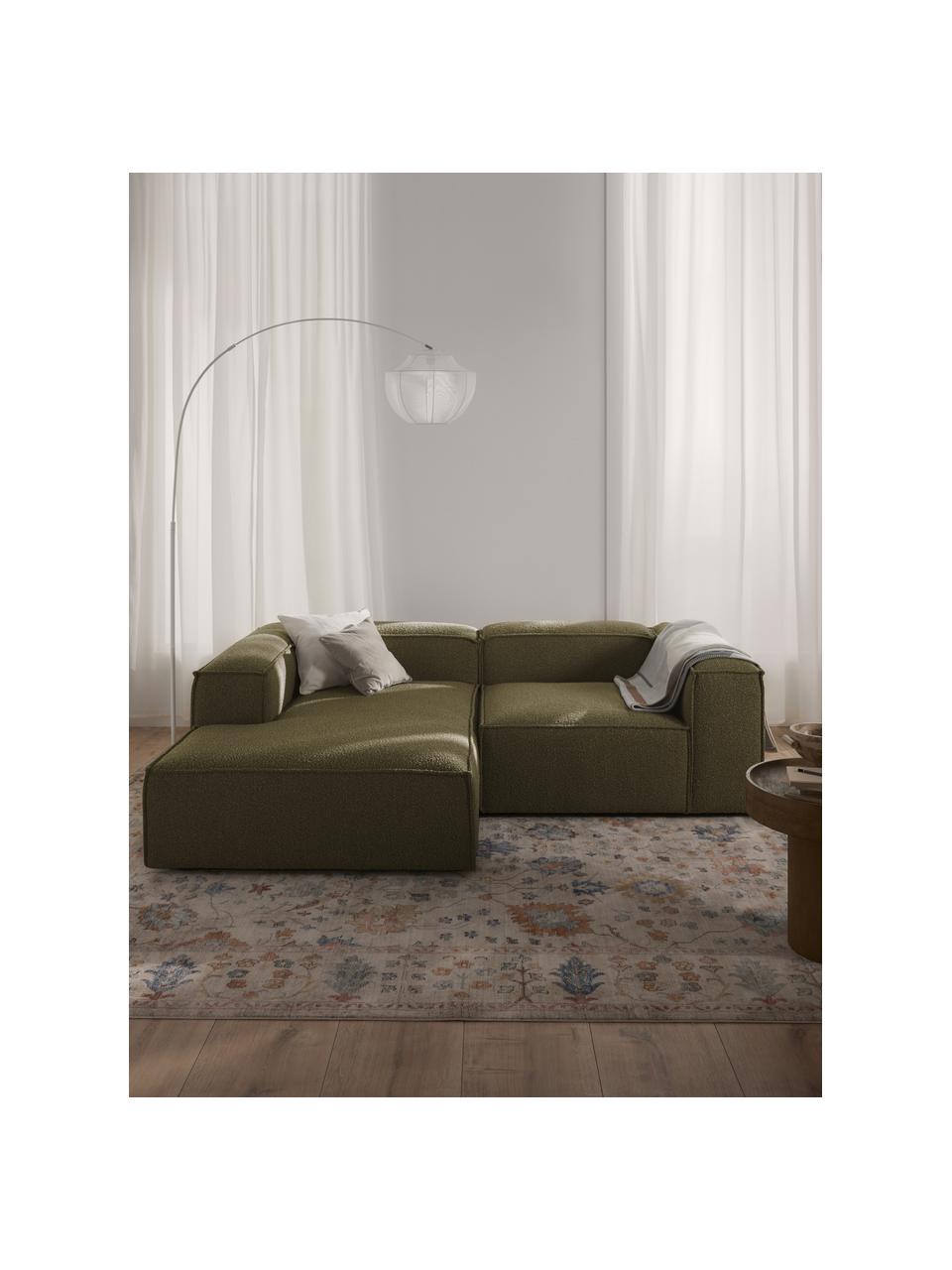 Narożna sofa modułowa Bouclé Lennon, Tapicerka: Bouclé (100% poliester) D, Stelaż: lite drewno sosnowe, skle, Nogi: tworzywo sztuczne Ten pro, Oliwkowozielony Bouclé, S 238 x G 180 cm, lewostronna