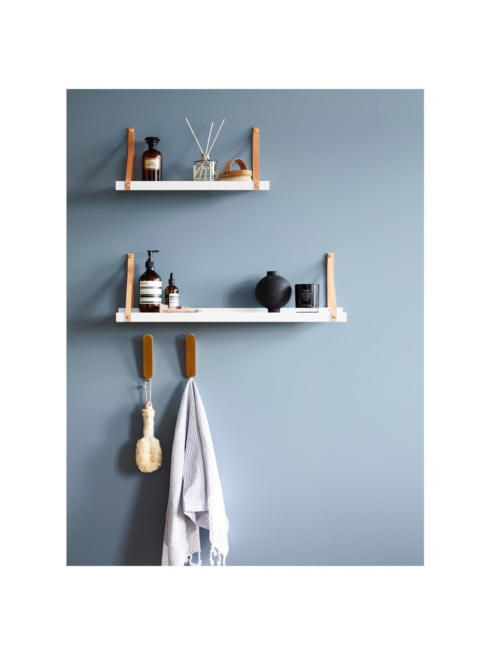 Metalen wandplank Shelfie met leren riemen, Plank: gepoedercoat metaal, Riemen: leer, Wit, bruin, 50 x 23 cm