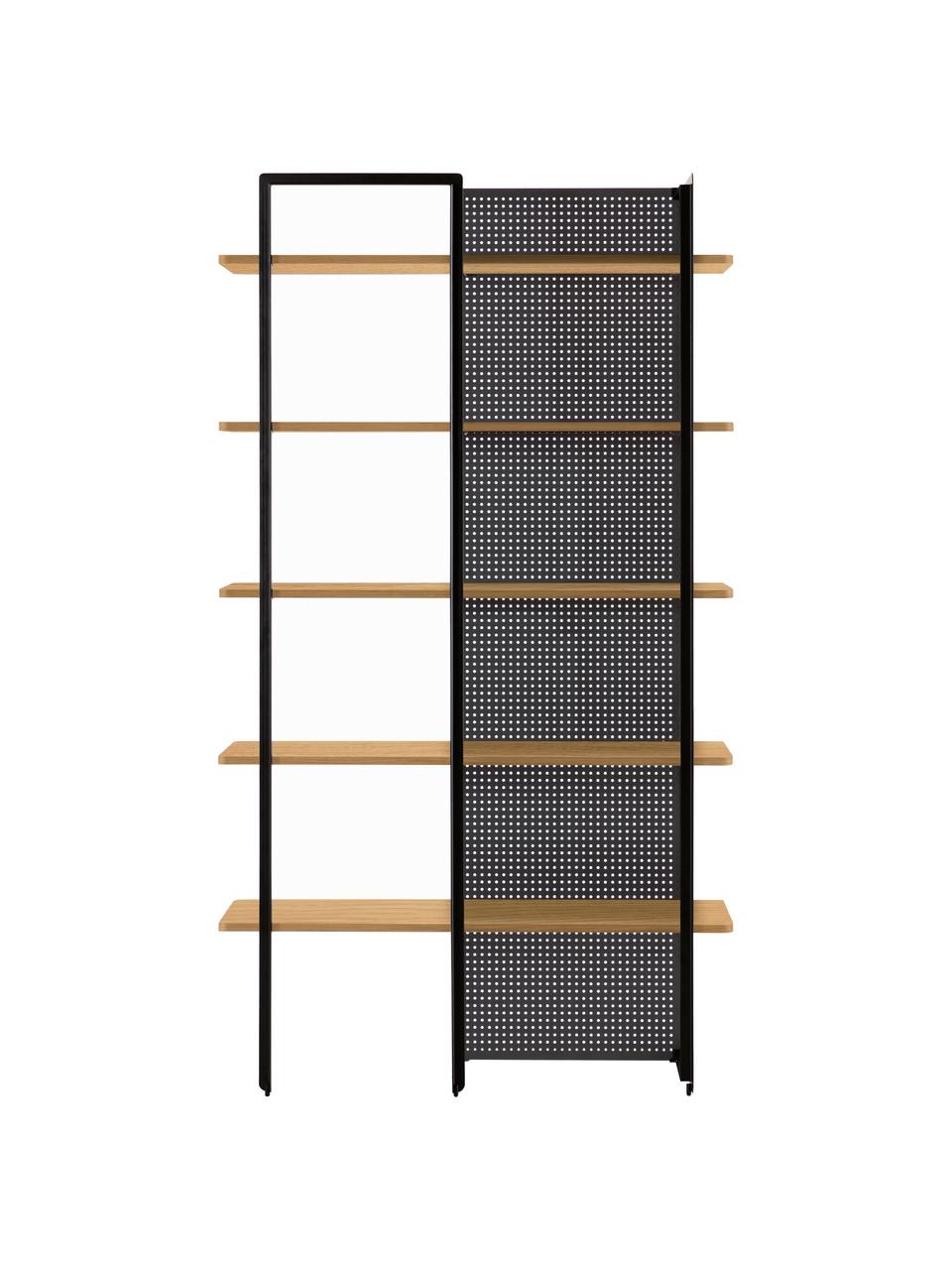 Industrieel wandrek Nadyria van hout en metaal, Frame: gelakt metaal, Plank: MDF met eikenhoutfineer, Zwart, donkerbruin, 100 x 180 cm