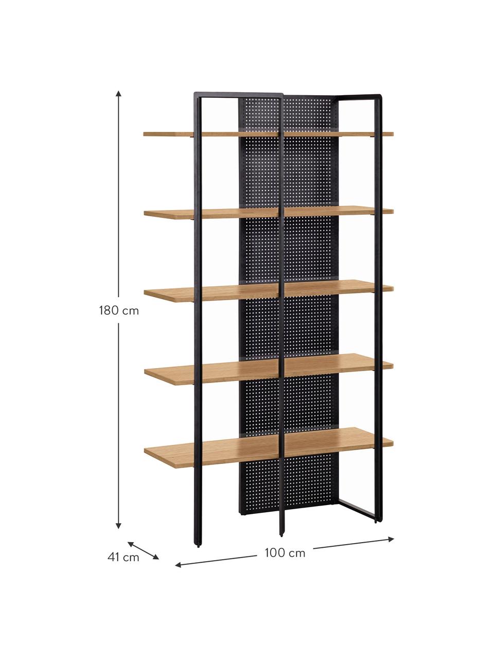 Industrieel wandrek Nadyria van hout en metaal, Frame: gelakt metaal, Plank: MDF met eikenhoutfineer, Zwart, donkerbruin, 100 x 180 cm