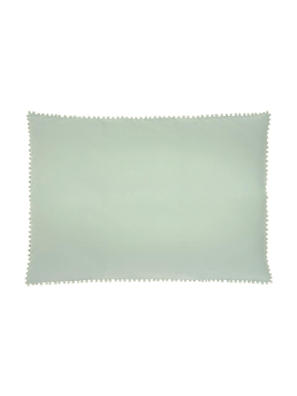Funda de almohada de percal con pompones Bommy, Verde salvia, An 50 x L 70 cm