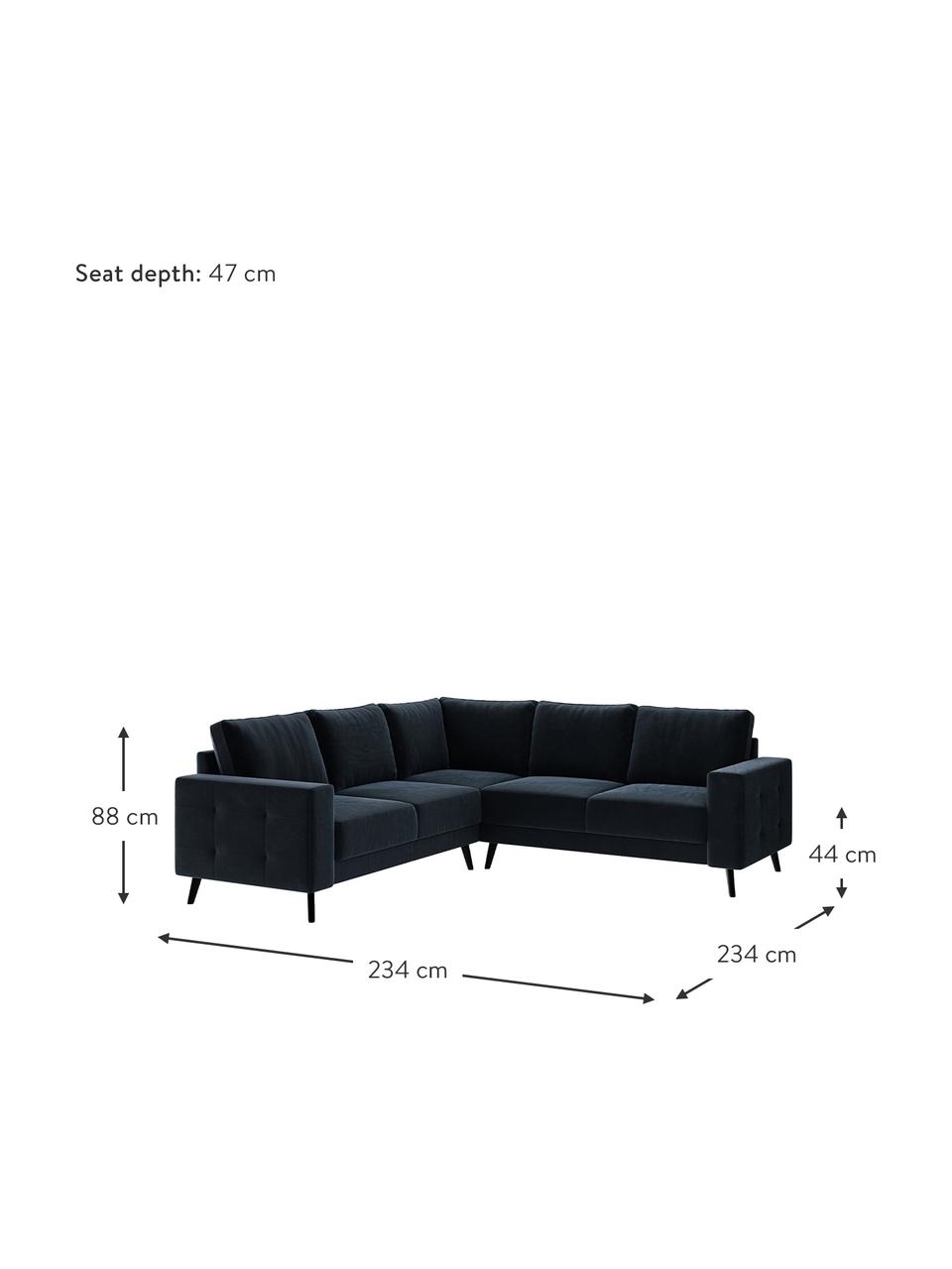 Divano angolare in velluto blu scuro Fynn, Rivestimento: 100% velluto di poliester, Struttura: legno duro, legno tenero,, Piedini: legno verniciato Il rives, Blu scuro, Larg. 234 x Prof. 234 cm