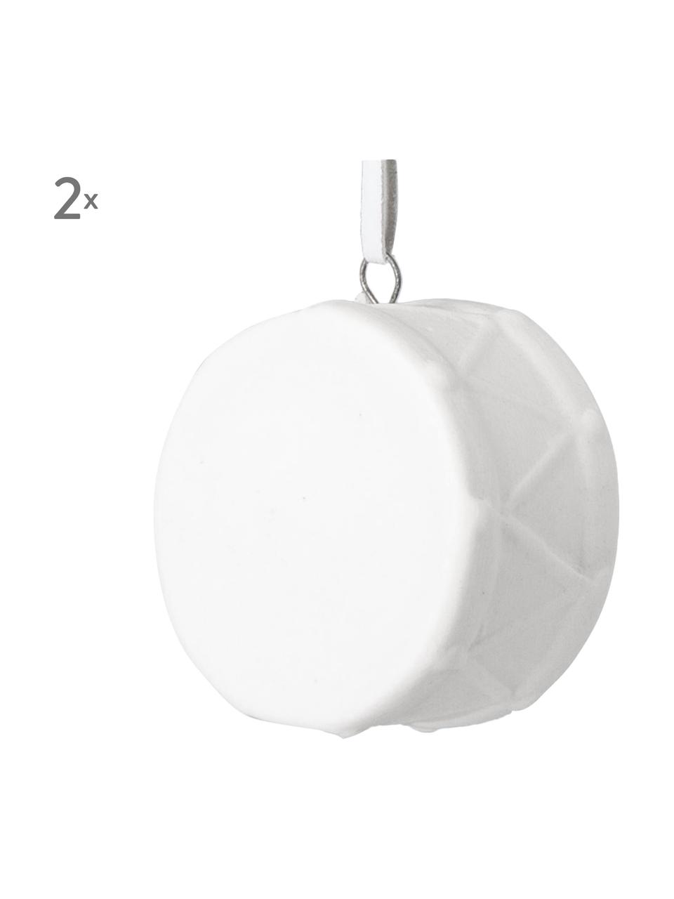 Set decorazioni per l'albero di Natale Drum, 2 pz., Ceramica, Bianco, P 3 x A 5 cm