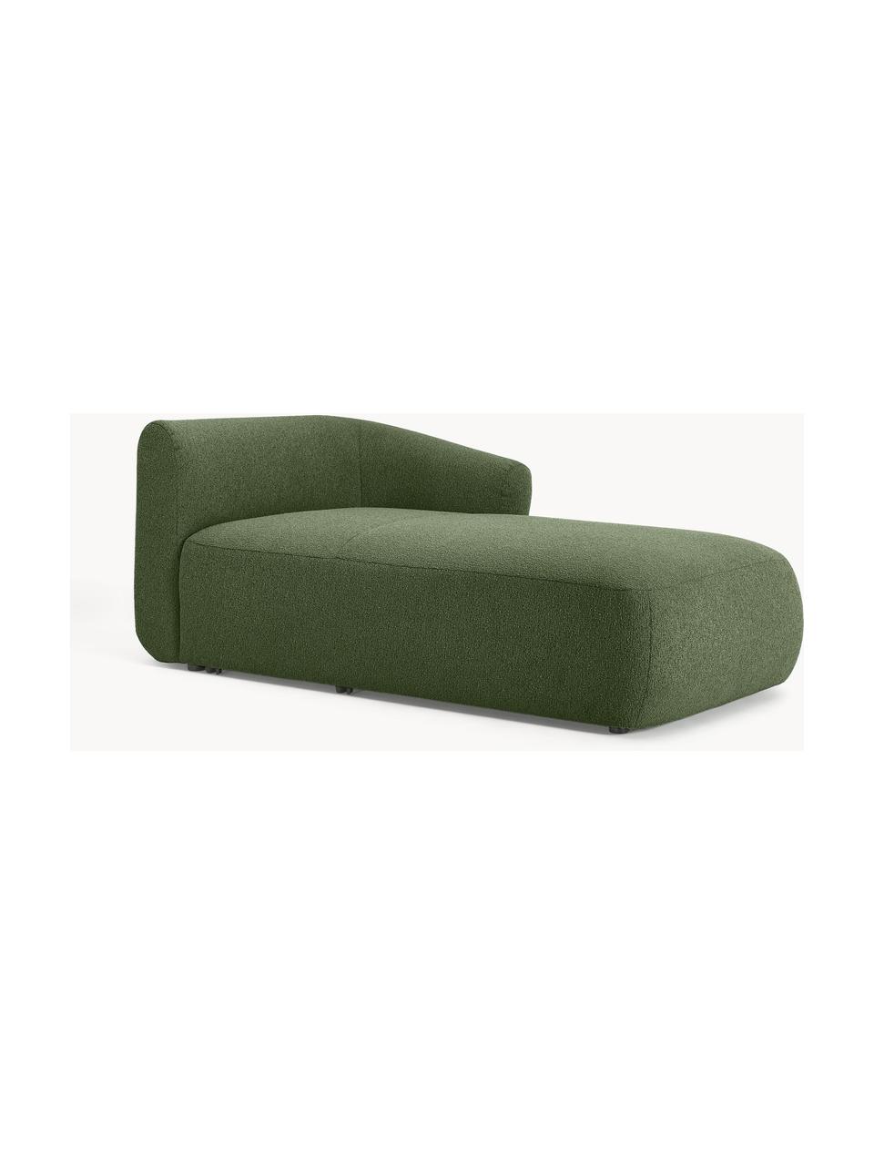 Chaise longue hoekmodule Sofia uit bouclé, Bekleding: bouclé (100% polyester) M, Frame: sparrenhout, spaanplaat, , Poten: kunststof Dit product is , Bouclé donkergroen, B 185 x D 92 cm, hoekdeel rechts