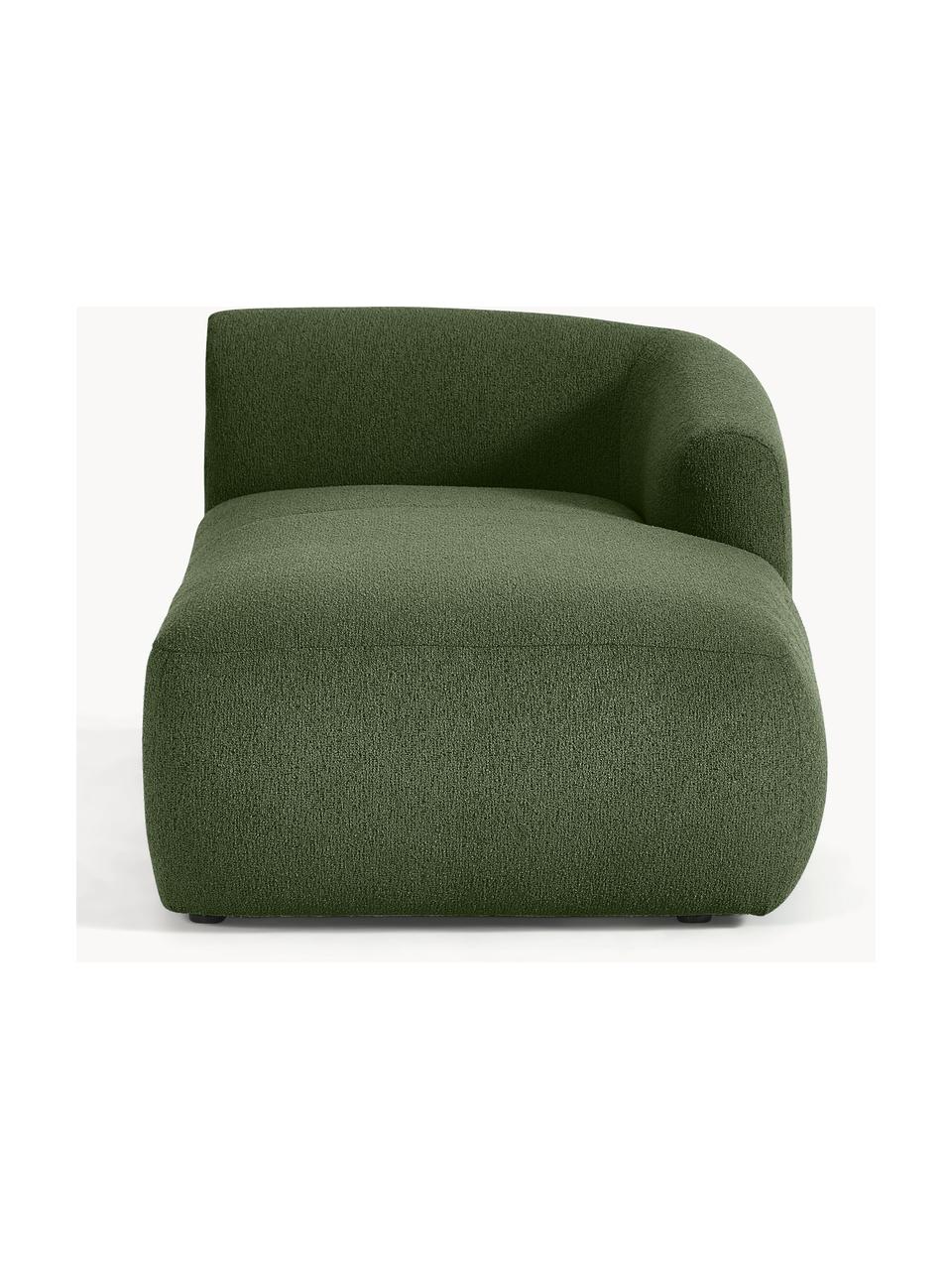 Chaise longue hoekmodule Sofia uit bouclé, Bekleding: bouclé (100% polyester) M, Frame: sparrenhout, spaanplaat, , Poten: kunststof Dit product is , Bouclé donkergroen, B 185 x D 92 cm, hoekdeel rechts