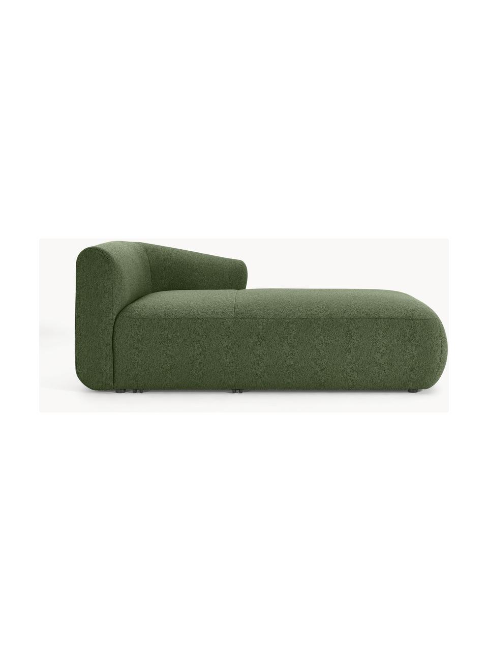 Chaise longue hoekmodule Sofia uit bouclé, Bekleding: bouclé (100% polyester) M, Frame: sparrenhout, spaanplaat, , Poten: kunststof Dit product is , Bouclé donkergroen, B 185 x D 92 cm, hoekdeel rechts