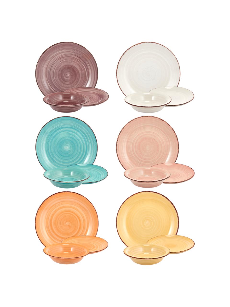 Handbeschilderde serviesset Baita, 6 personen (18-delig), Handbeschilderde keramiek (hard dolomiet), Geel-, rozetinten, lichtblauw, wit, Set met verschillende formaten