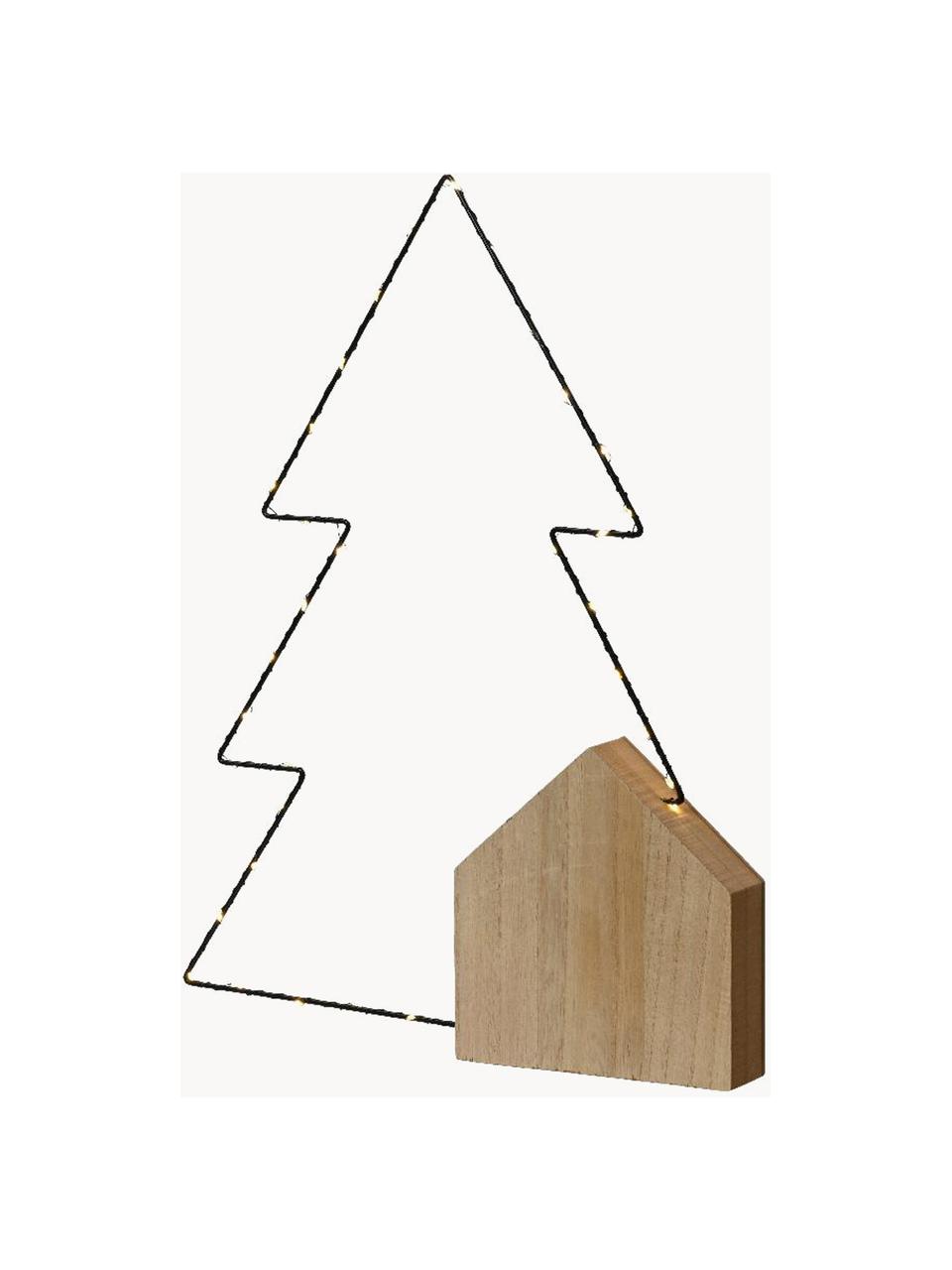 Batteriebetriebener LED-Tannenbaum Leslie mit Timerfunktion, Rahmen: Metall, beschichtet, Dekor: Sperrholz, Helles Holz, Schwarz, B 23 x H 30 cm