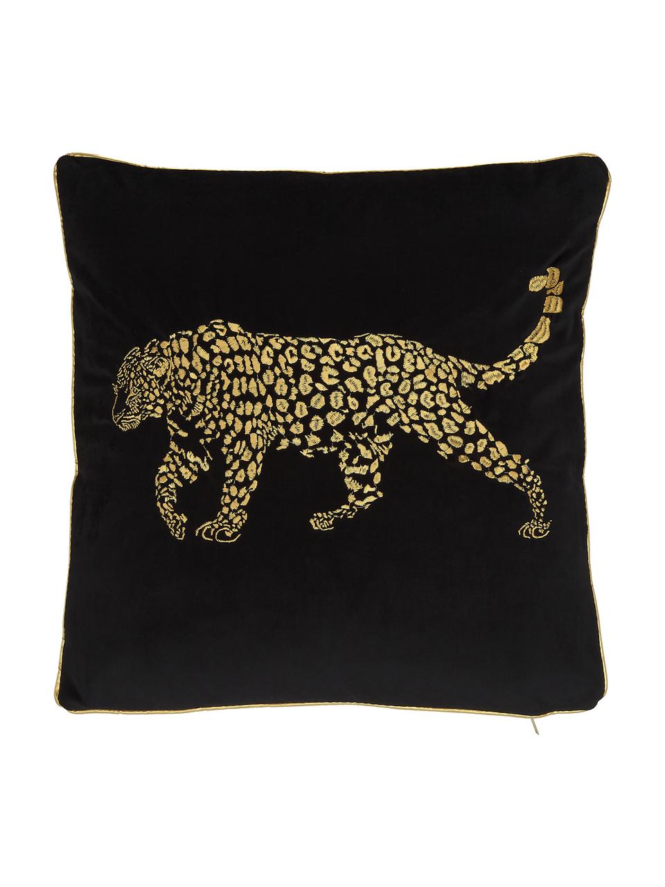 Besticktes Samt-Kissen Majestic Leopard in Schwarz/Gold, mit Inlett, 100% Samt (Polyester), Schwarz, Goldfarben, 45 x 45 cm