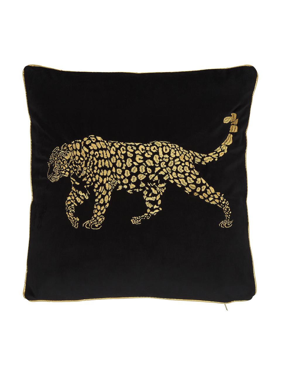Cojín bordado de terciopelo Majestic Leopard, con relleno, 100% terciopelo (poliéster), Negro, dorado, An 45 x L 45 cm