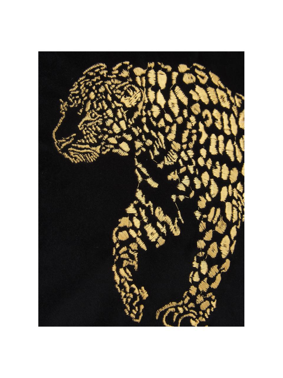 Geborduurd fluwelen kussen Majestic Leopard in zwart/goudkleur, met vulling, 100% fluweel (polyester), Zwart, goudkleurig, 45 x 45 cm