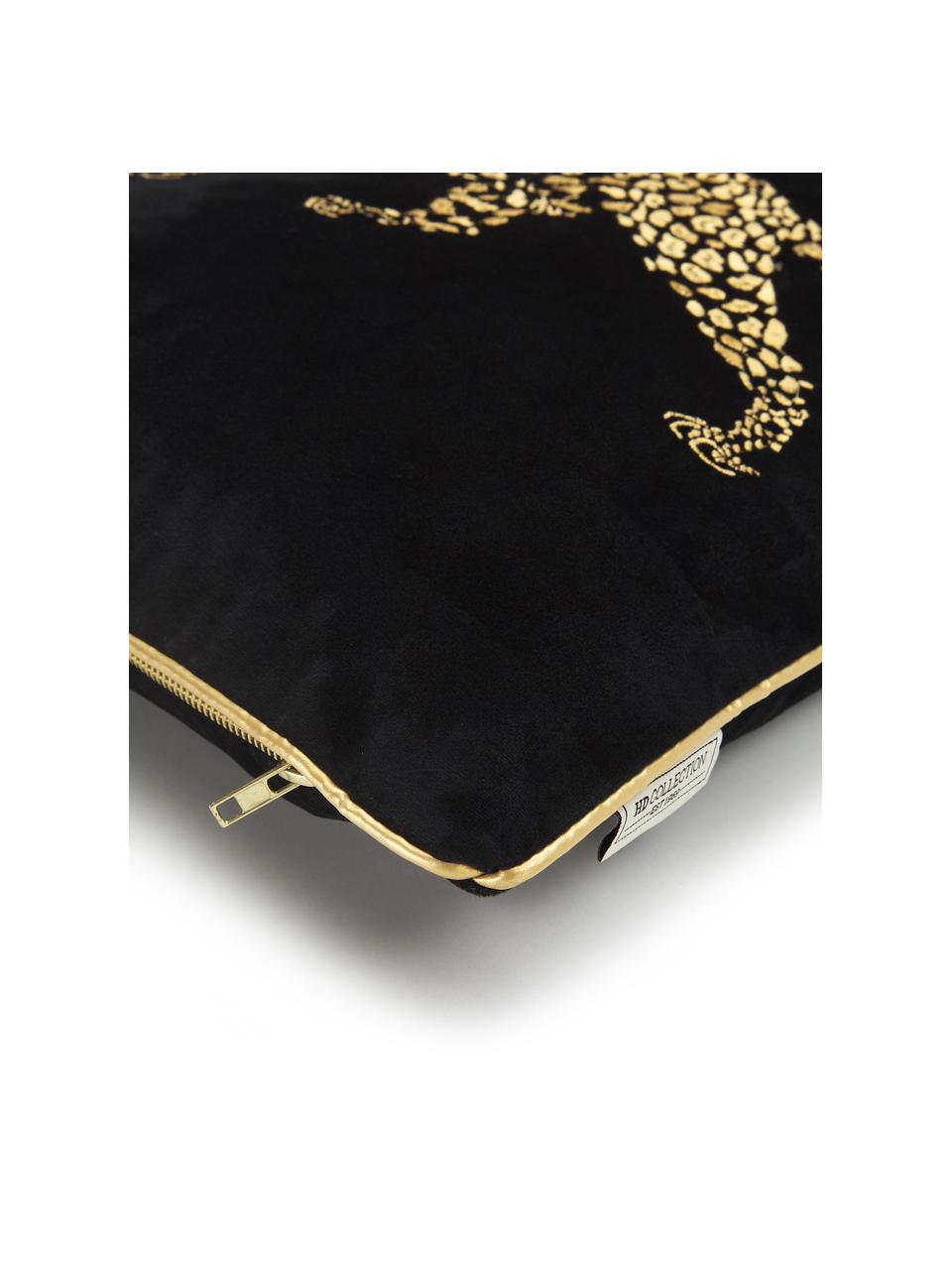 Poduszka z aksamitu z haftem i wypełnieniem Majestic Leopard, 100% aksamit (poliester), Czarny, odcienie złotego, S 45 x D 45 cm