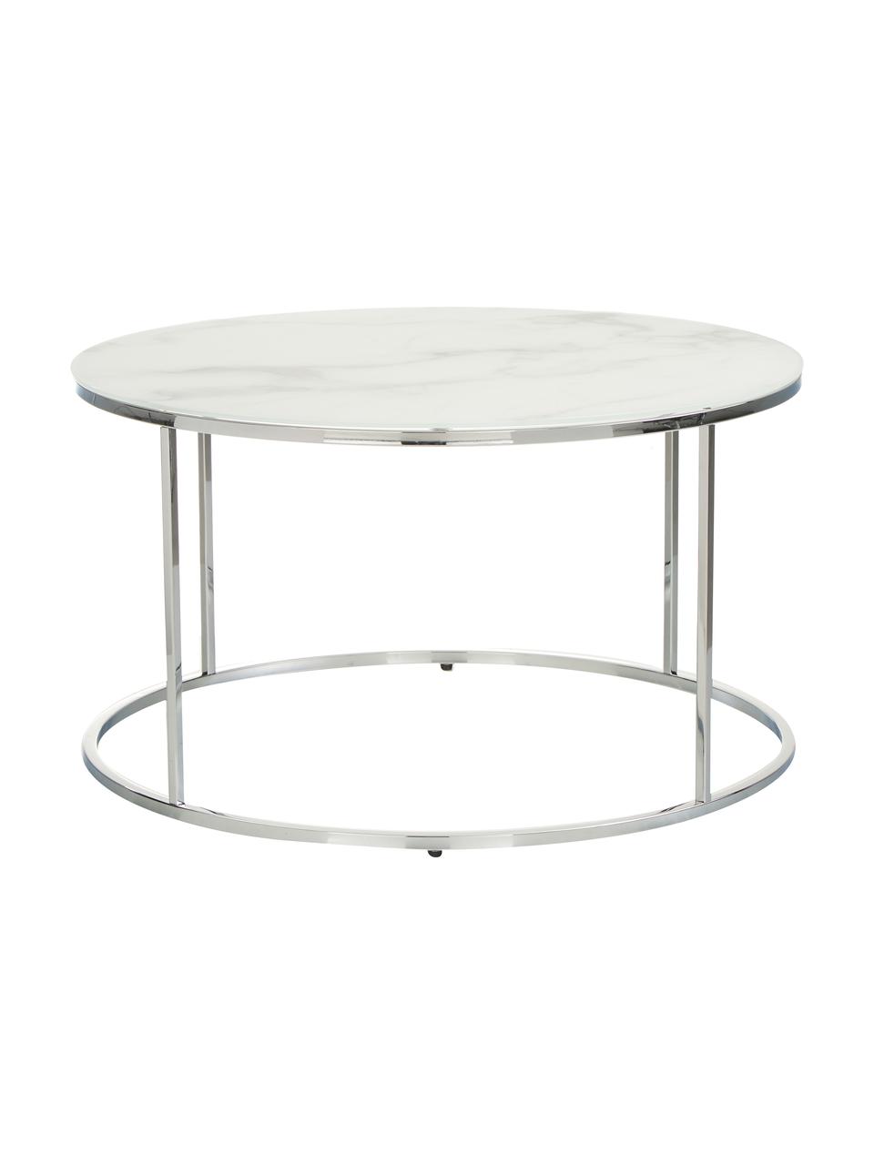 Tavolino rotondo da salotto con piano in vetro effetto marmo Antigua, Struttura: acciaio cromato, Bianco marmorizzato, cromo, Ø 80 x Alt. 45 cm