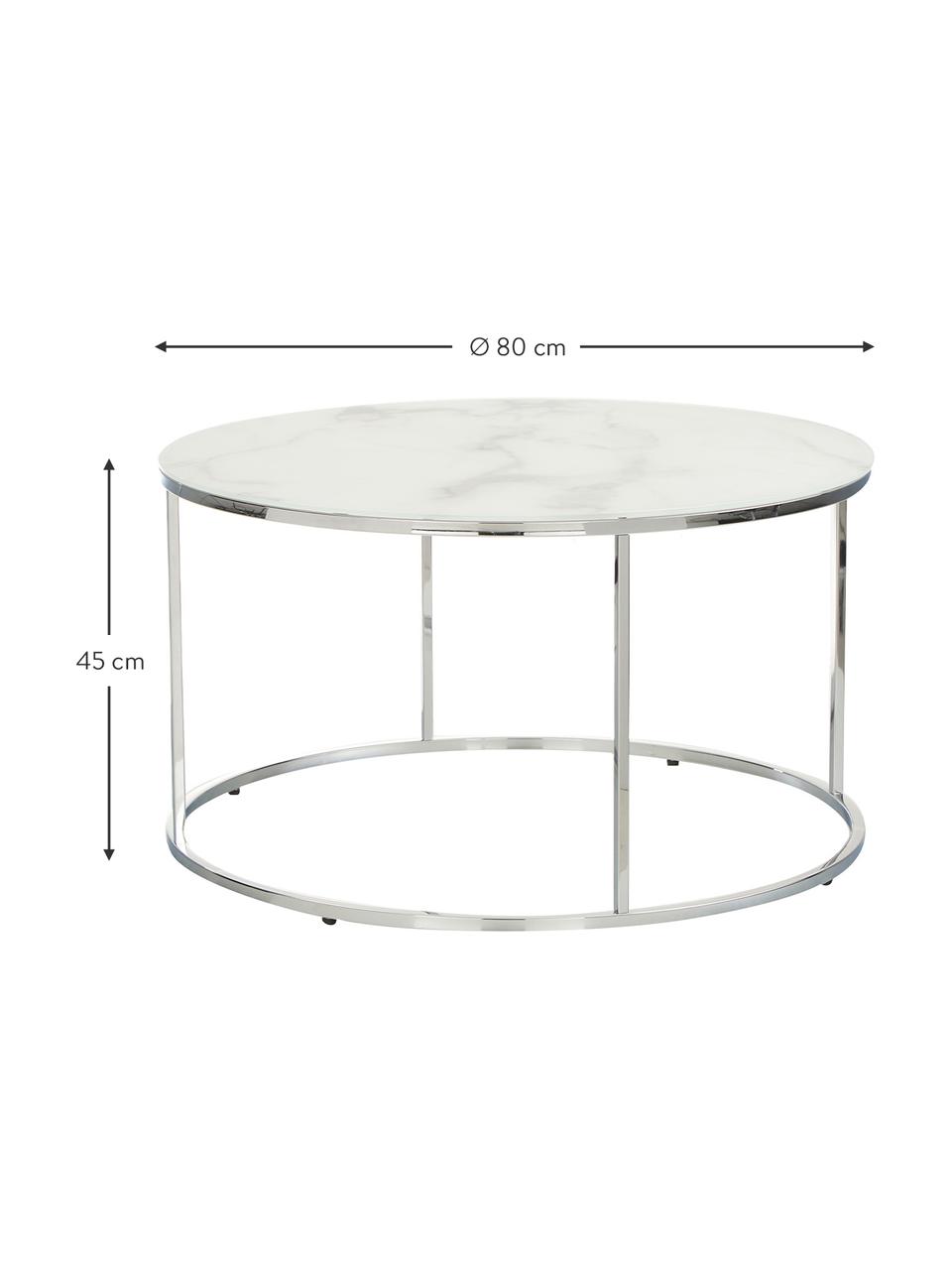 Mesa de centro Antigua, tablero de vidrio en aspecto mármol, Tablero: vidrio estampado con aspe, Estructura: acero cromado, Aspecto mármol blanco, cromo, Ø 80 cm