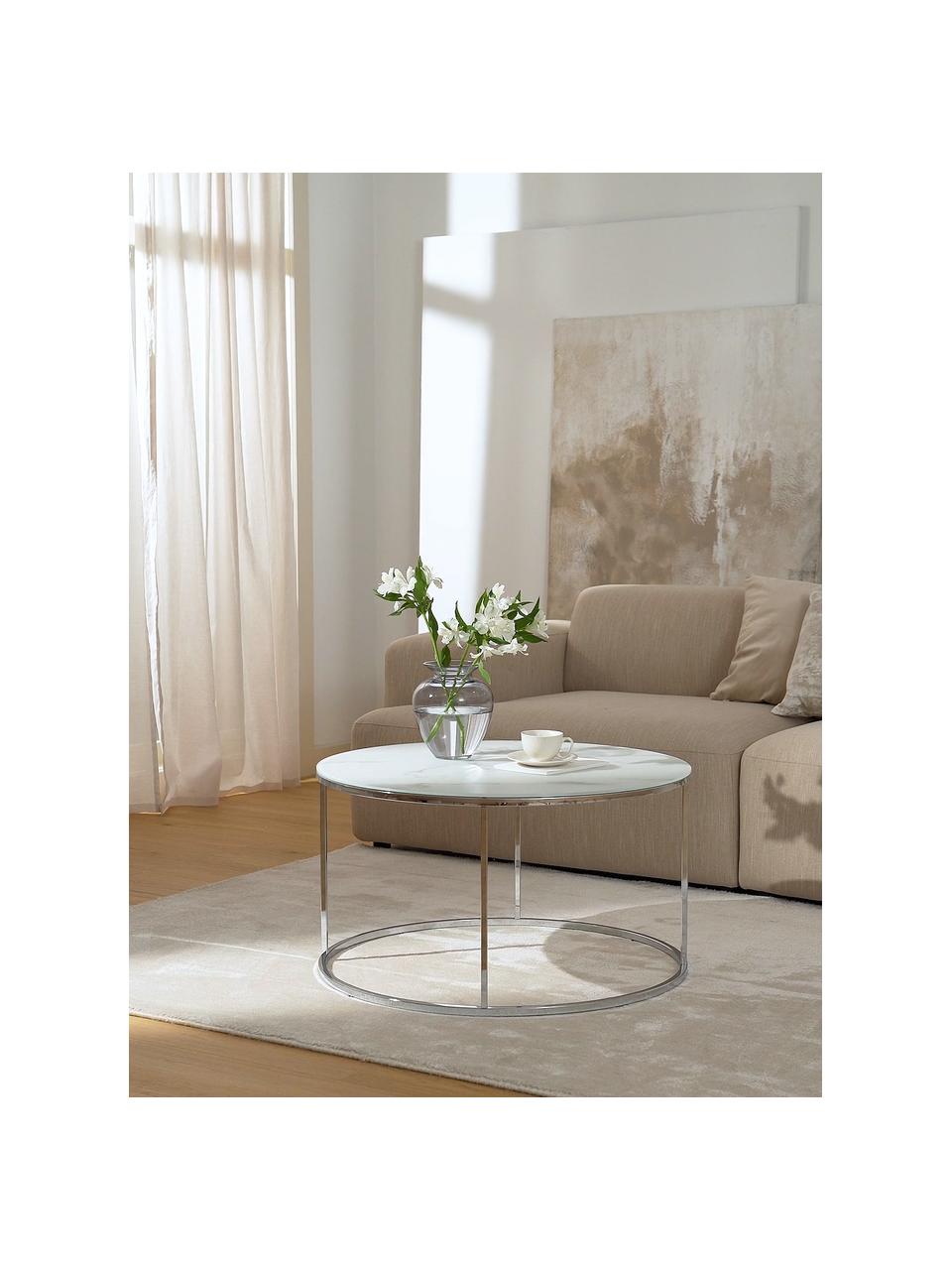 Tavolino rotondo da salotto con piano in vetro effetto marmo Antigua, Struttura: acciaio cromato, Bianco effetto marmo. argentato lucido, Ø 80 cm
