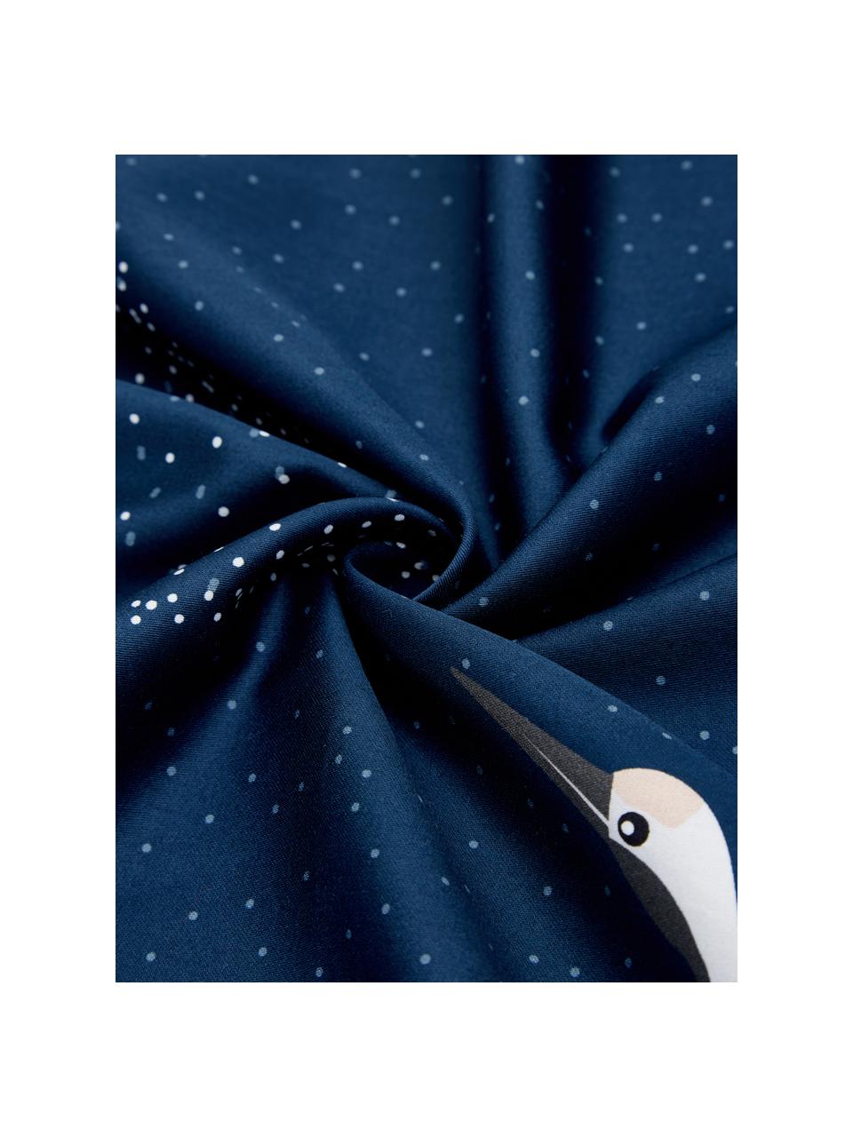 Povlečení z bavlněného saténu s motivem jeřábů Yuma, Modrá, bílá, šedá, 140 x 200 cm + 1 polštář 80 x 80 cm