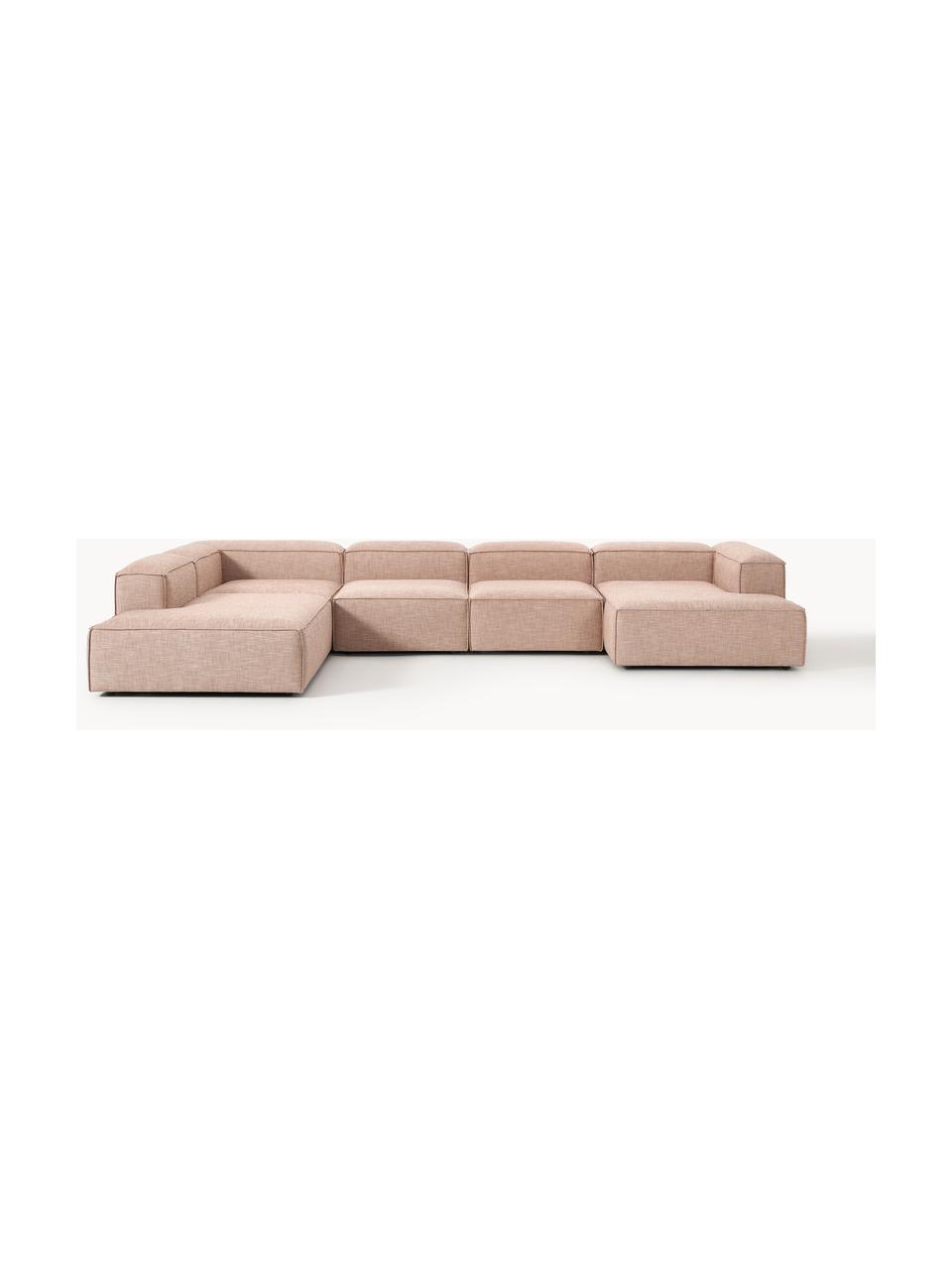 Sofa modułowa z mieszanki lnu Lennon, Tapicerka: 50% wiskoza, 25% len, 15%, Nogi: tworzywo sztuczne Ten pro, Rdzwoczerwona mieszanka lnu, S 418 x G 269 cm, prawostronna