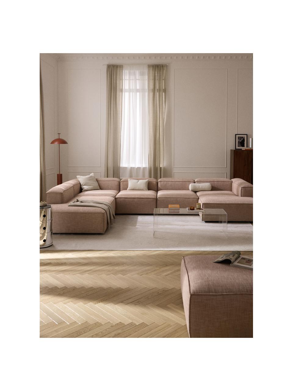 Sofa modułowa z mieszanki lnu Lennon, Tapicerka: 50% wiskoza, 25% len, 15%, Nogi: tworzywo sztuczne Ten pro, Rdzwoczerwona mieszanka lnu, S 418 x G 269 cm, prawostronna